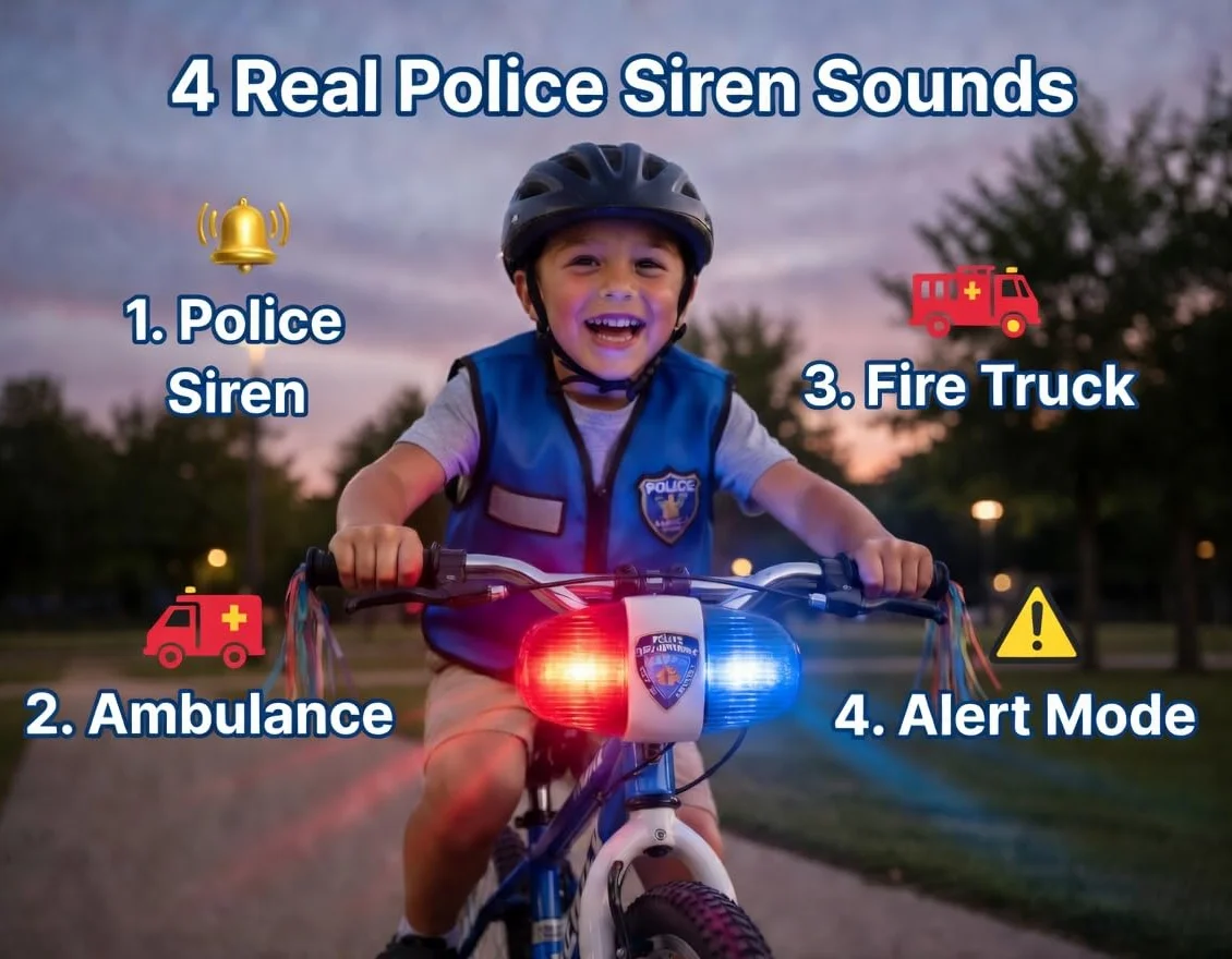 Playmags Lampe de Vélo Enfants avec Sons Sirène LED Rouge/Bleu Clignotantes Étanche 3+
