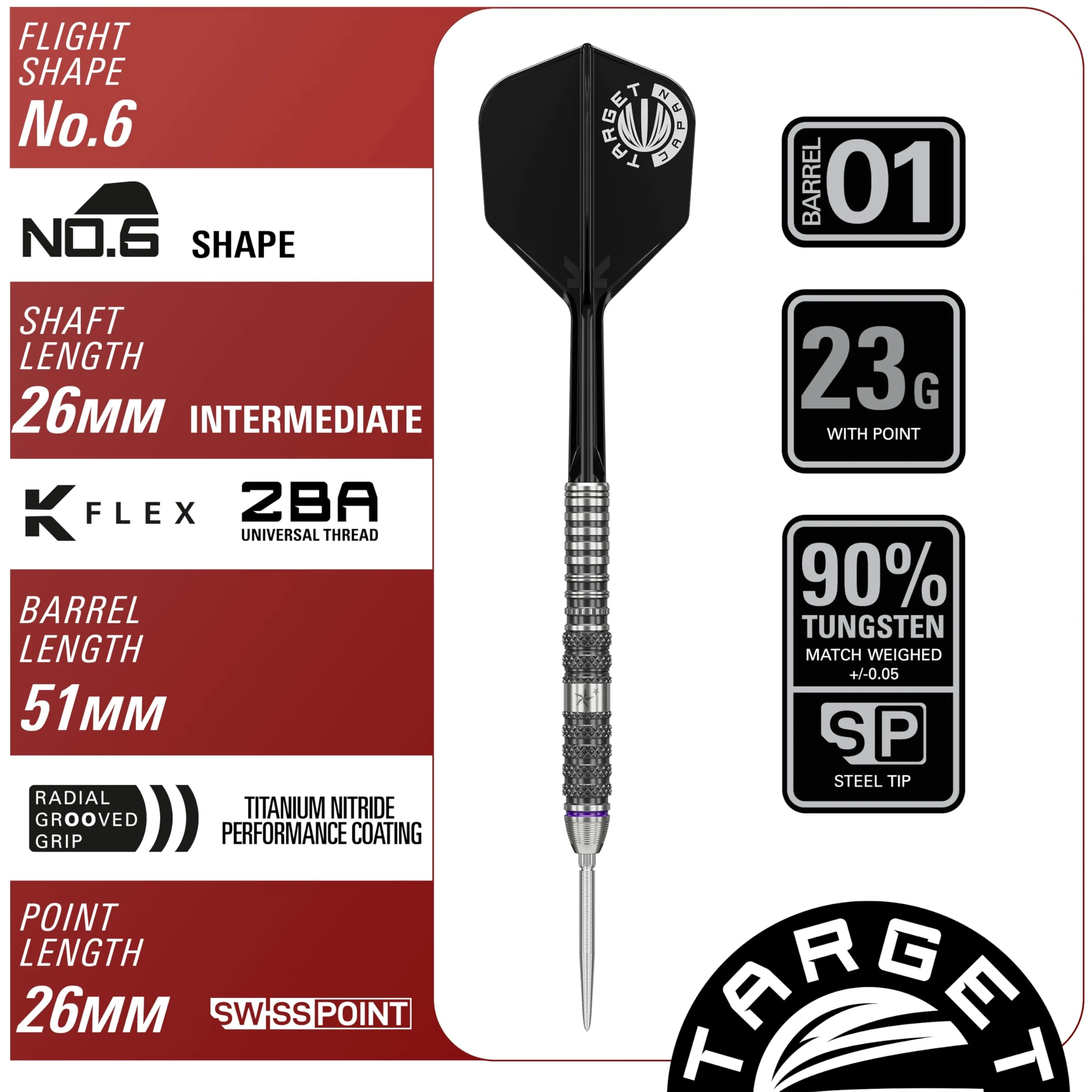 Target Japan Prime Series Sirius G3 90% Tungstène K-Flex Swiss Point Ensemble de fléchettes à Pointe d'acier, 23G | Yuta Hayashi KFlex Dart Flight, Swiss Nano Points, Pointes de fléchettes en Acier