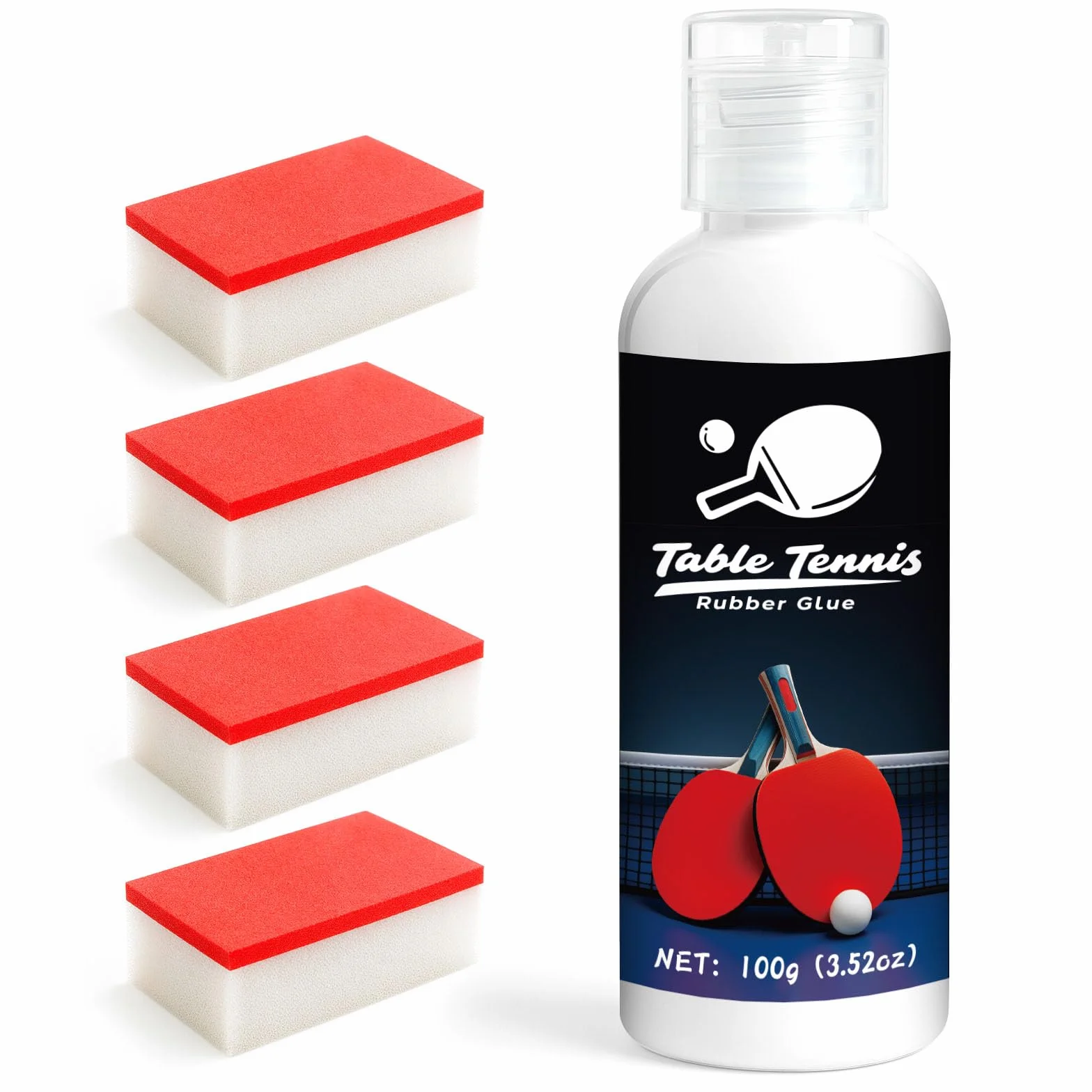Colle de tennis de table 100 ml caoutchouc pour raquette avec 4 éponges
