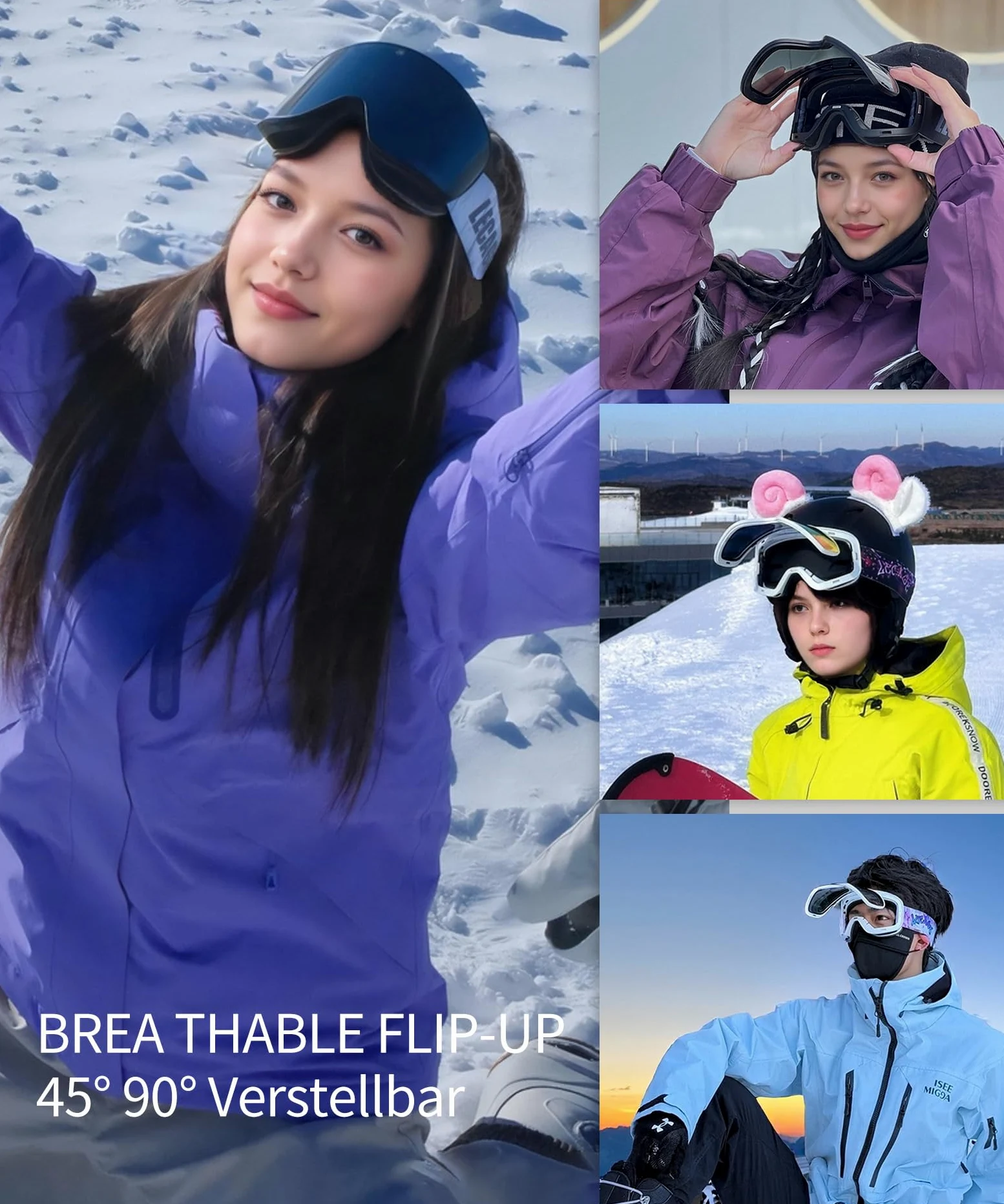 Lunettes de Ski Pliables en Haut - Masque de Ski Vision Large Sans Cadre, Anti-Buée Double Couche, UV400 Compatible avec le casque, Masque de Snowboard Homme Femme, Parfait pour Sports Hiver