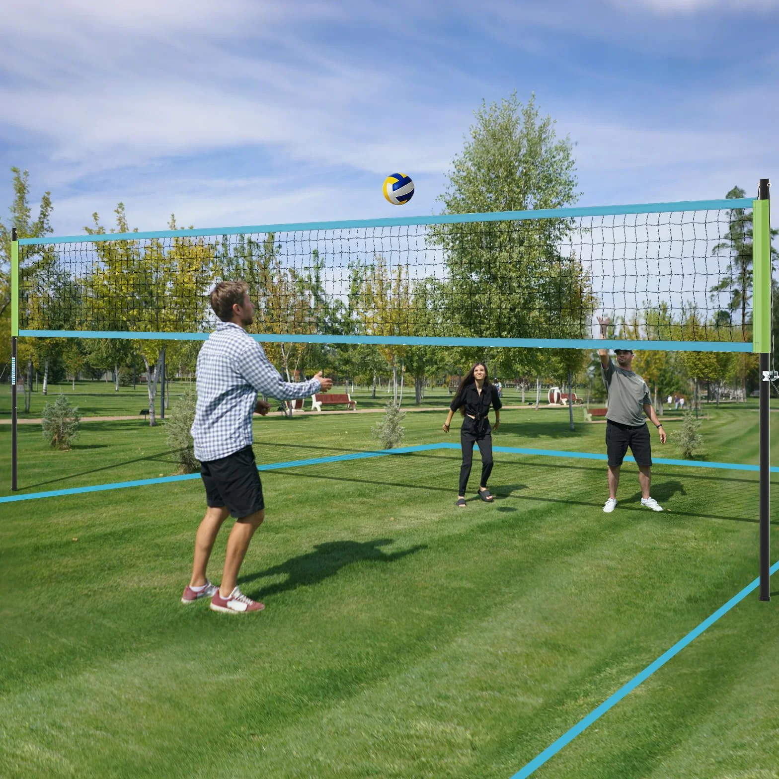 GOPLUS Filet de Volleyball Exterieur Piscine Réglable en Hauteur, Kit de Volley Complet avec Poteaux en Métal, 9,75 m x 0,9 m