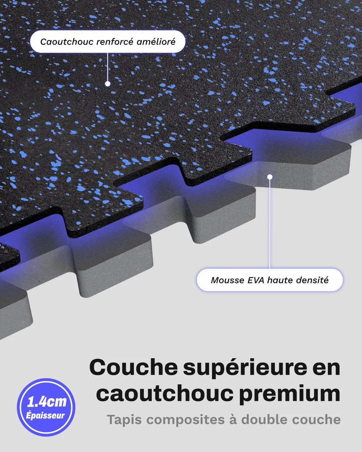 Tapis de Fitness AIRHOP 60x60x1,4 cm Caoutchouc Robuste Sol Puzzle Salle de Sport Noir&Ble