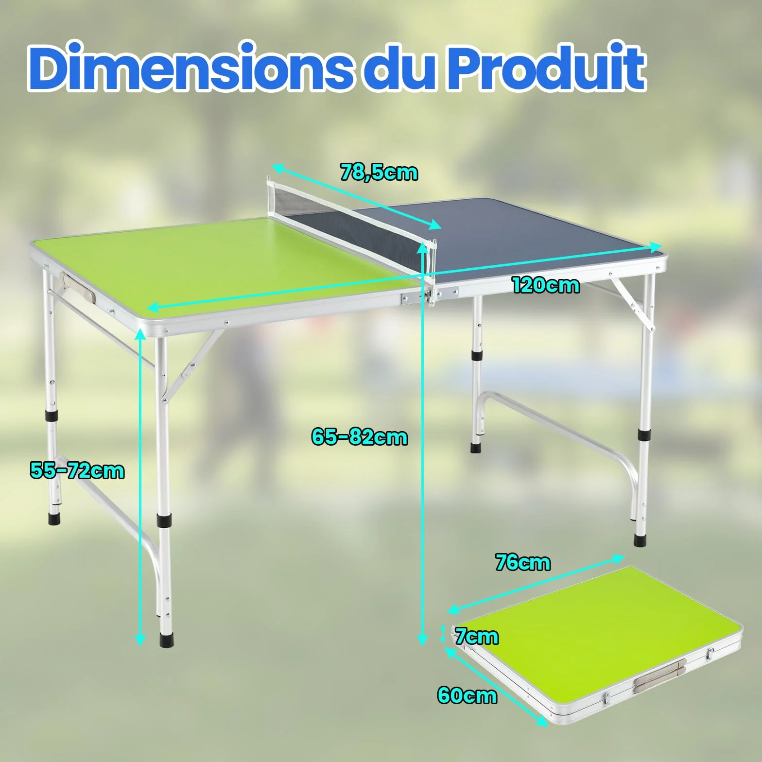 COSTWAY Table de Ping-Pong Pliable 120 x 76 cm, Set Mini Tennis Table Peu Encombrante avec Filet 2 Raquettes 2 Balles Hauteur Réglable 3 Niveaux, Cadre en Aluminium, pour Extérieur Intérieur