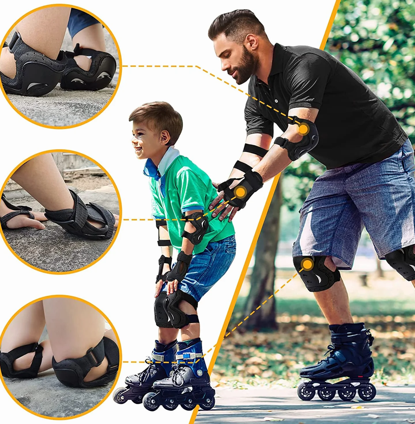 Protection Roller Enfant Adulte, Ajustable Genouillères Coudières Protège-Poignets Sets de Protection Enfant, pour Roller, Patinage, Skateboard, Vélo(6 Pièces, Noir)