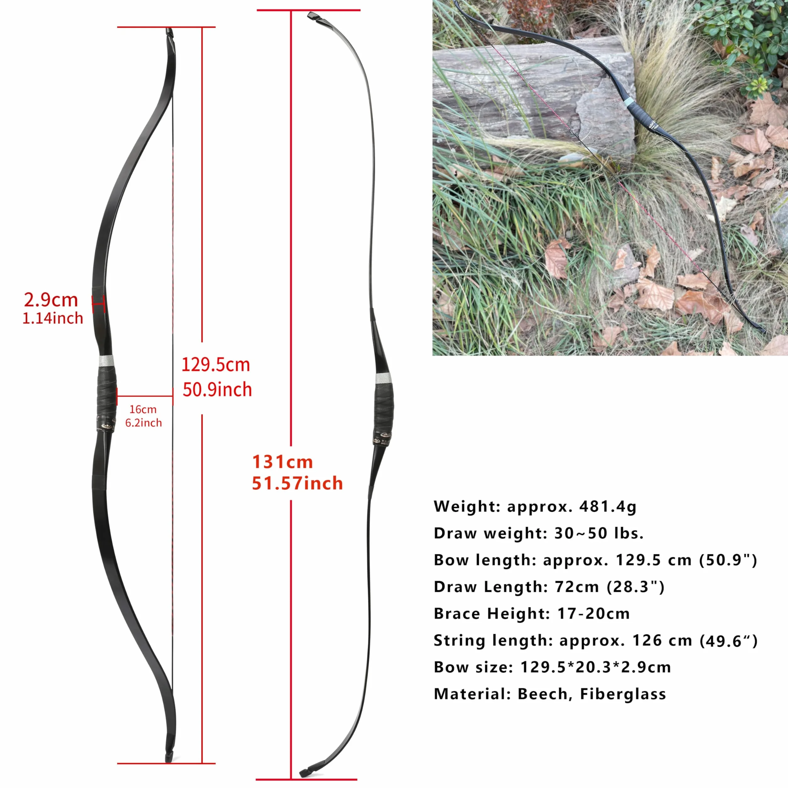 Recurve Longbow 51" Arc Traditionnel de Chasse Set d'arc et de flèches 30 lb