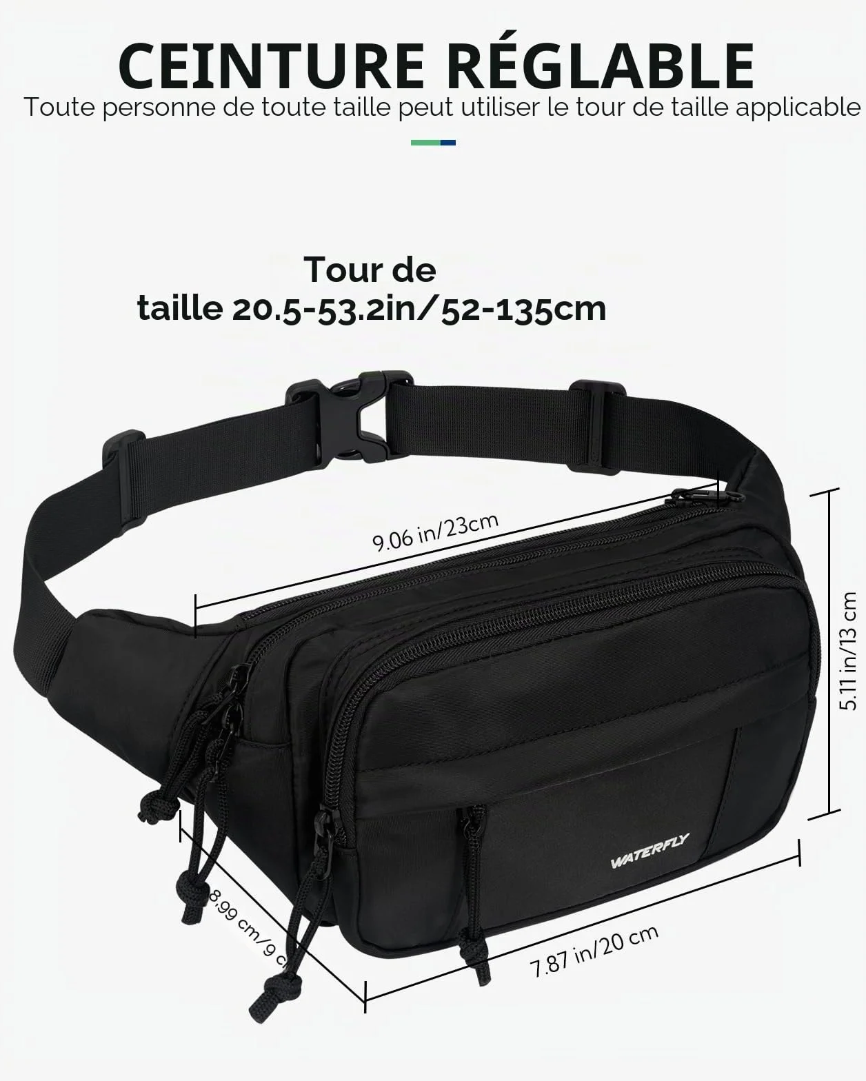 Waterfly Sac Banane Homme Femme Grand Bumbag 5 Poches Zippées Hipbag Unisexe Sacoche Banane de Sport Randonnée Cyclisme
