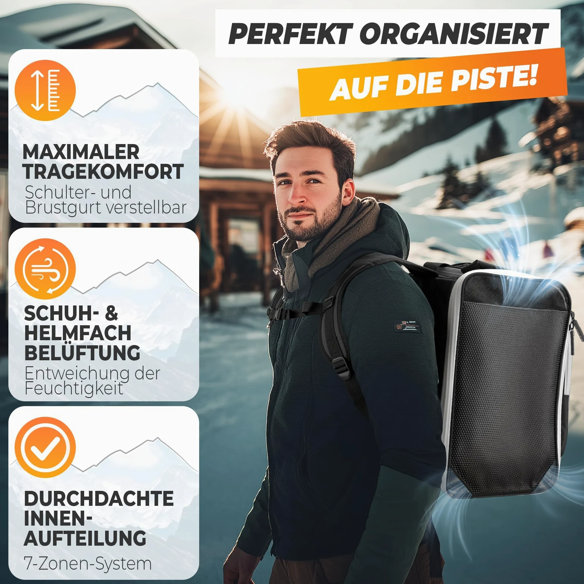 Sac à chaussures de ski avec compartiment pour casque, sac robuste pour chaussures de ski, sac imperméable avec compartiment pour casque, sac à dos pratique 7 zones pour chaussures de ski