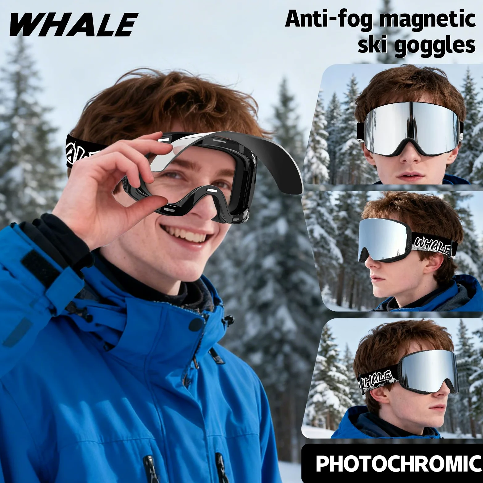 Whale Lunettes de ski à rabat magnétique pour homme, femme et adolescent - Protection UV 100 %