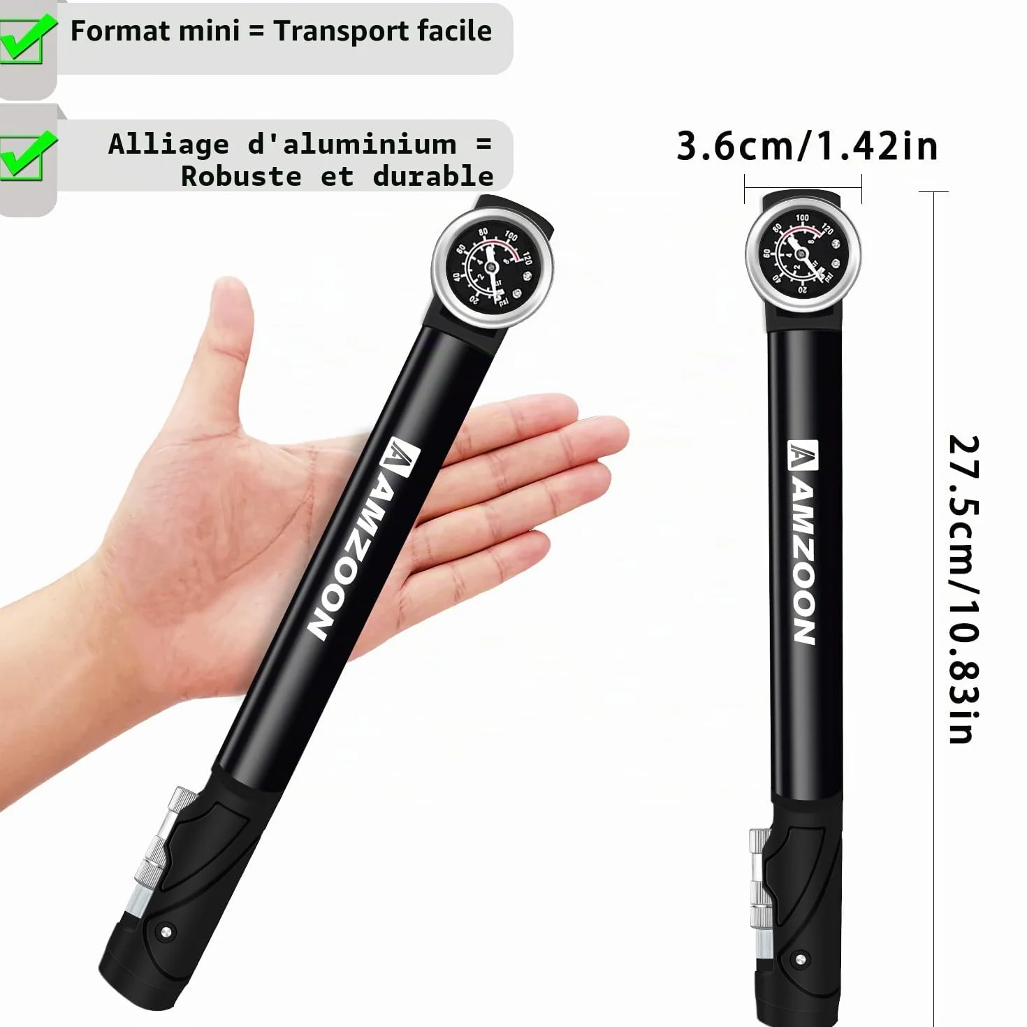 Pompe à Vélo avec Manomètre Tuyau Rallongé pour Schrader et Presta Valve