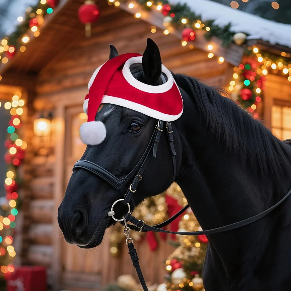 Bonnet de Noël pour Cheval, Bonnet de Noël avec Cheval, Bonnet de Noël pour Casque D'équitation, Accessoires de Noël pour Chevaux, Tenue pour Noël, 35 cm x 43 cm