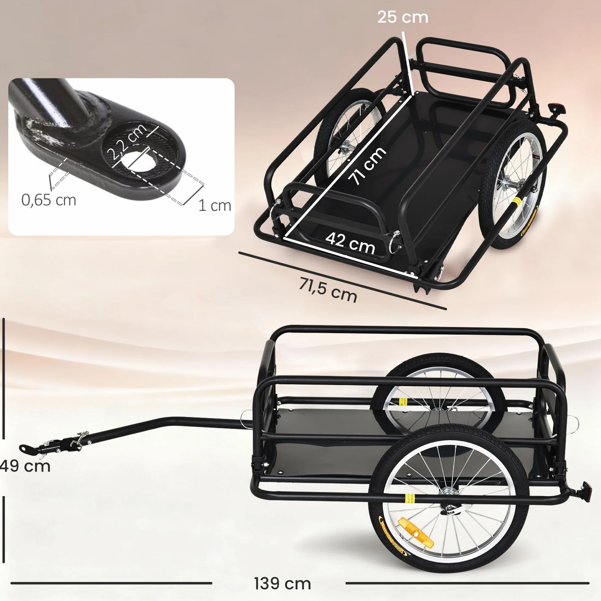 HOMCOM Remorque vélo transport 70L 139x71,5x49 cm Barre attelage Universelle Acier Noir
