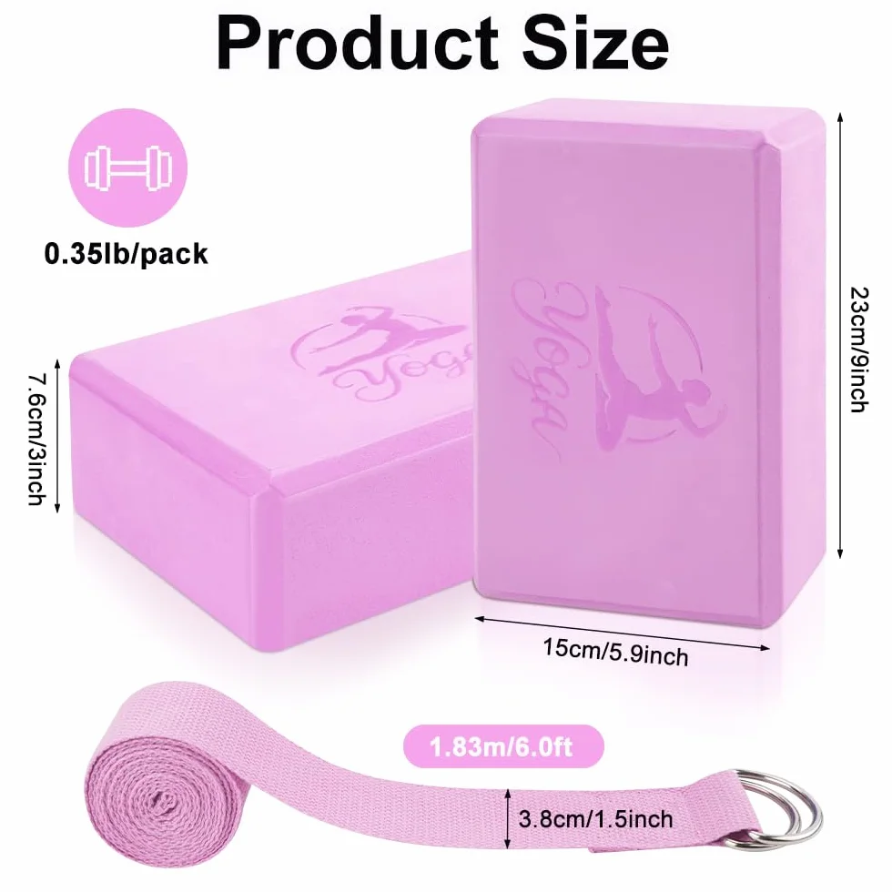 Lot de 2 blocs de yoga et 2 sangles de yoga - Blocs de mousse EVA antidérapants - Accessoire de yoga sans latex