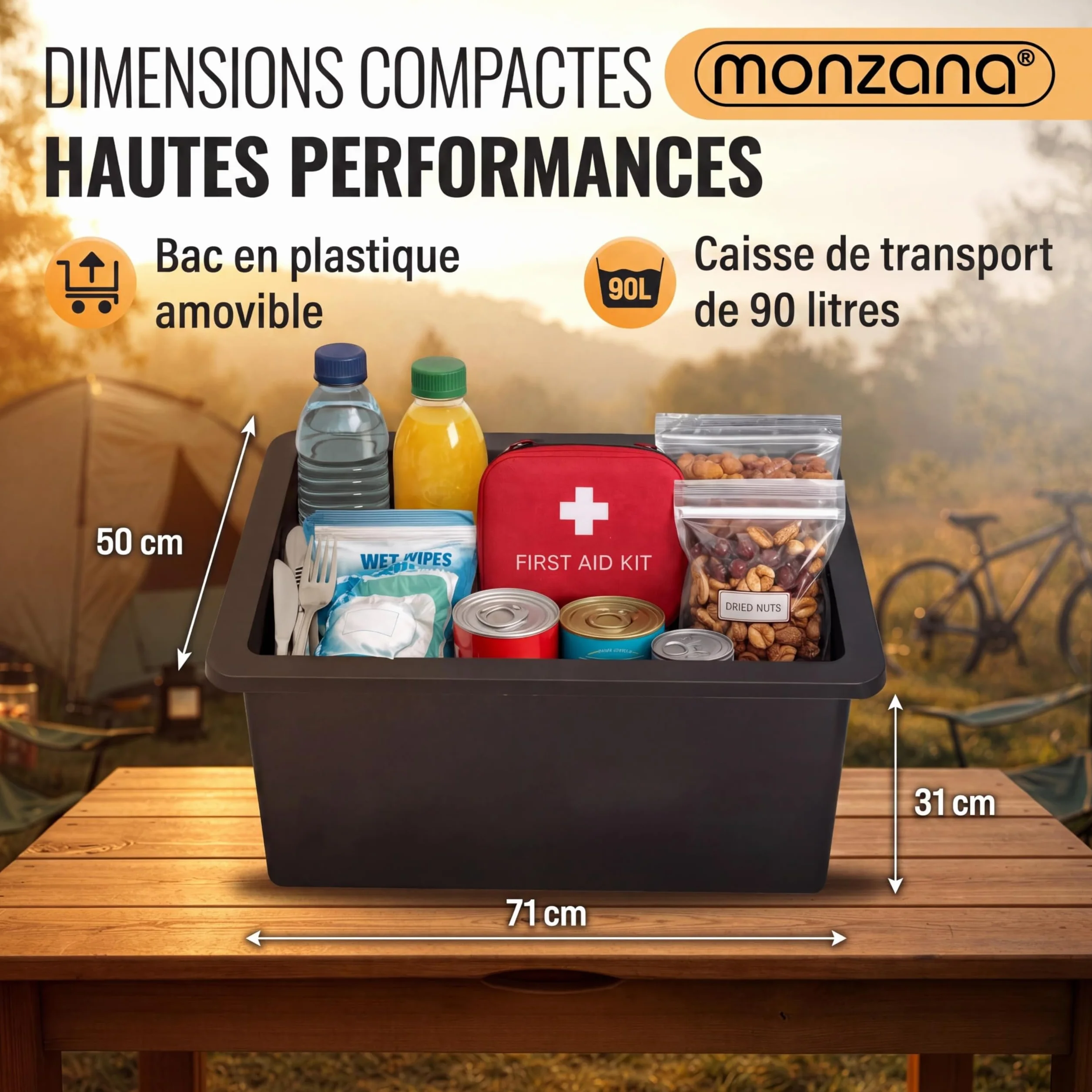 MONZANA Remorque Vélo Cuve 90L Amovible Bâche Barre Attelage Rotatif Réflecteurs Transport Chariot 80kg