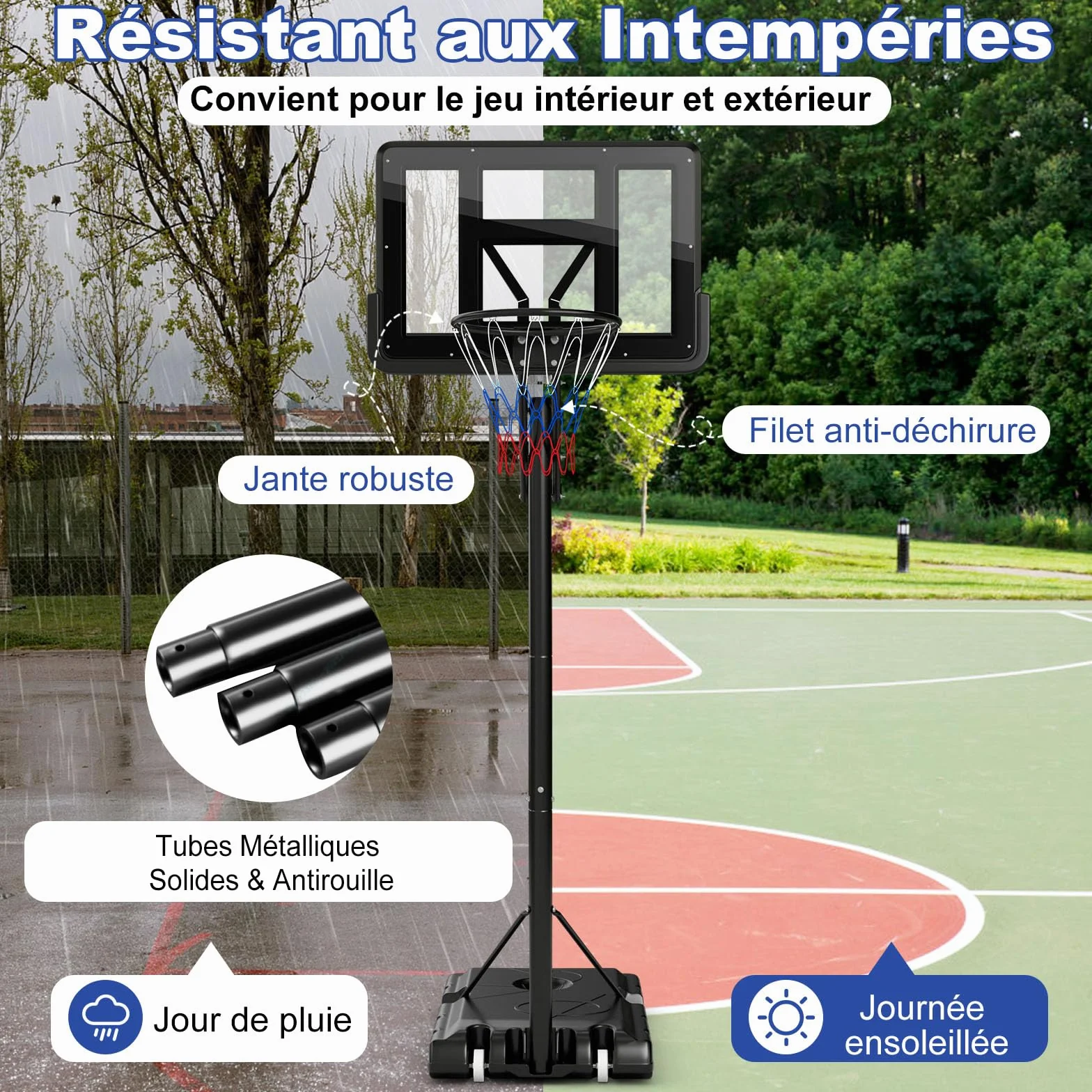 COSTWAY Panier de Basket-Ball Hauteur Réglable 145-305cm, Support Portable à Roulettes avec Base Remplissable, Panneau Arrière 111cm