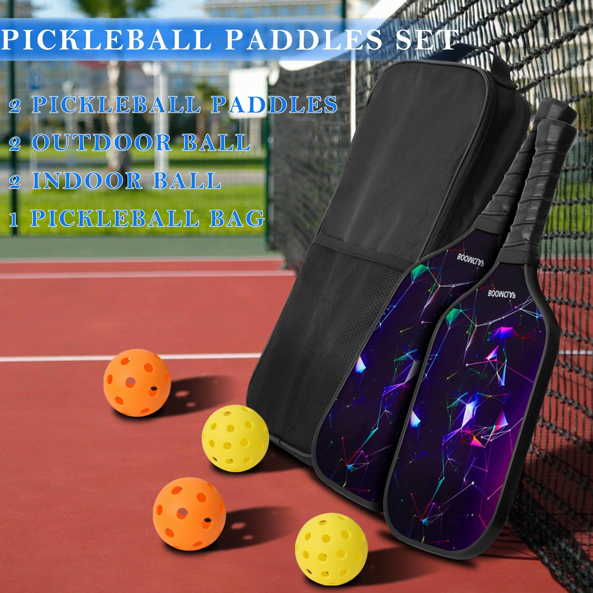 Boîte de 2 raquettes de pickleball en fibre de verre avec 4 balles et sac de transport violet