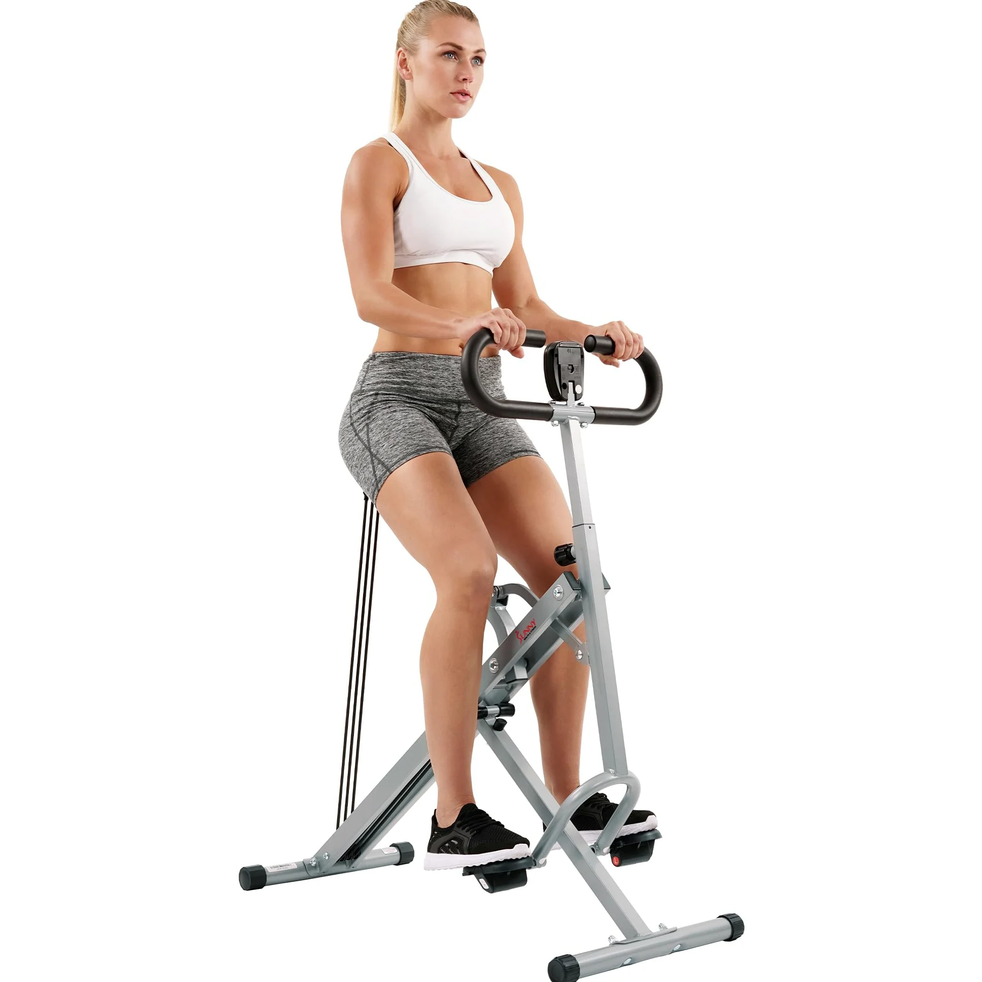 Sunny Health & Fitness Row-N-Ride Connecté Pliable Squat et Rameur | Entraîneur Fessiers et Jambes, 3 Angles de Squat, 4-Résistances, App SunnyFit, 150 kg Charge, Siège et Poignée Réglables