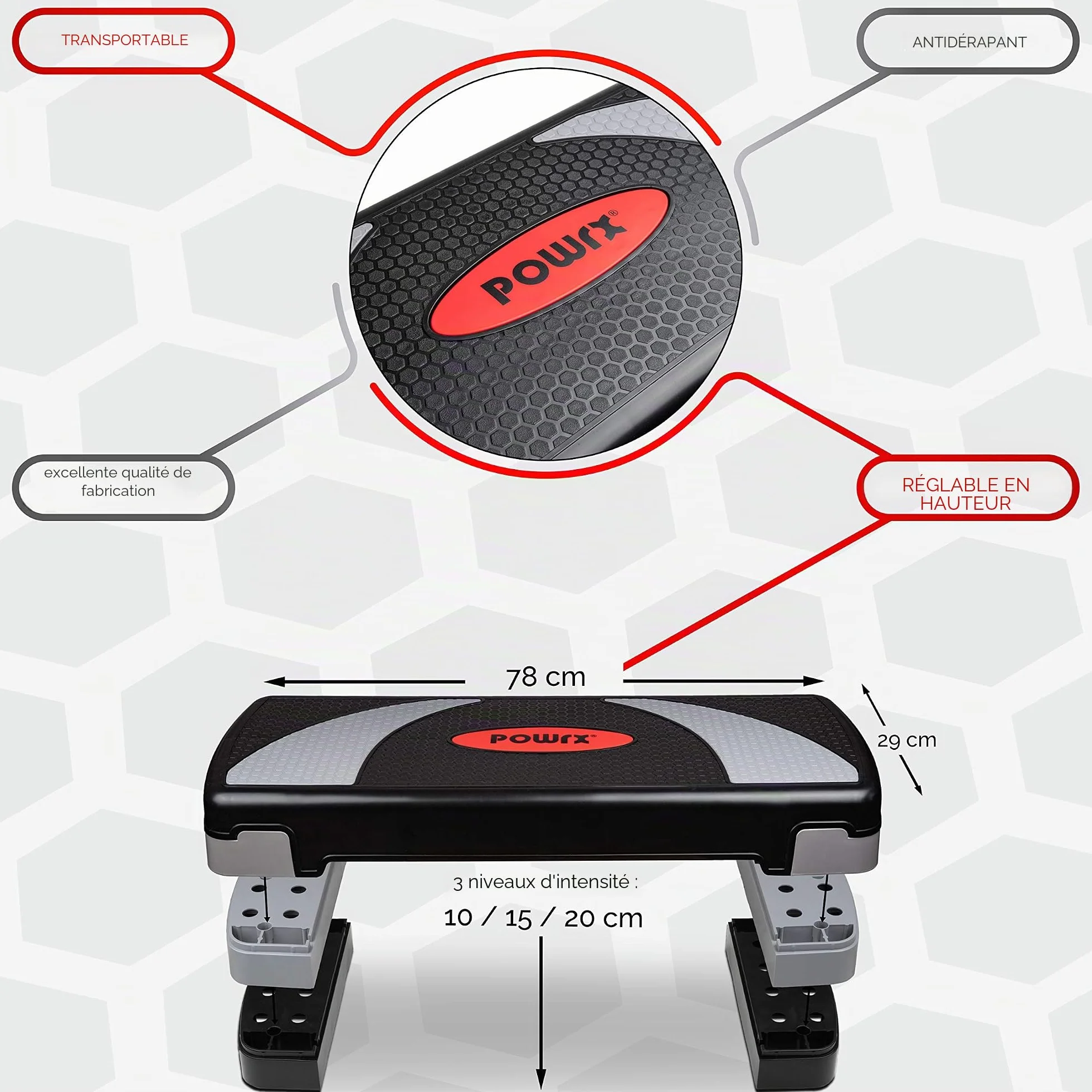 POWRX Step fitness aérobic XL 80 x 30 cm hauteur ajustable antidérapant