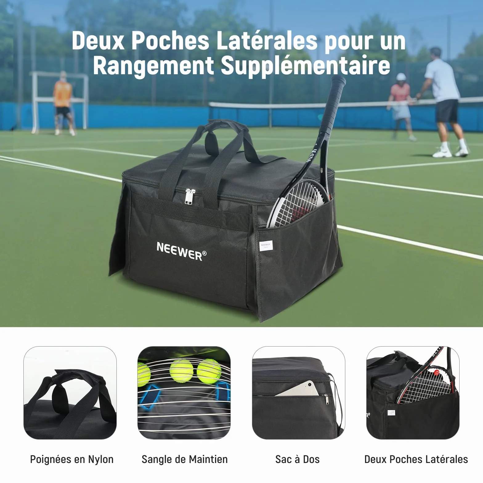 NEEWER Sac de Transport pour 110 Balles de Tennis & Pickleball Polyester Robuste pour Chariot ramasseur TB01S, Panier Caddy Léger & Portable pour Baseball & Golf avec Poches Latérales, TB01B