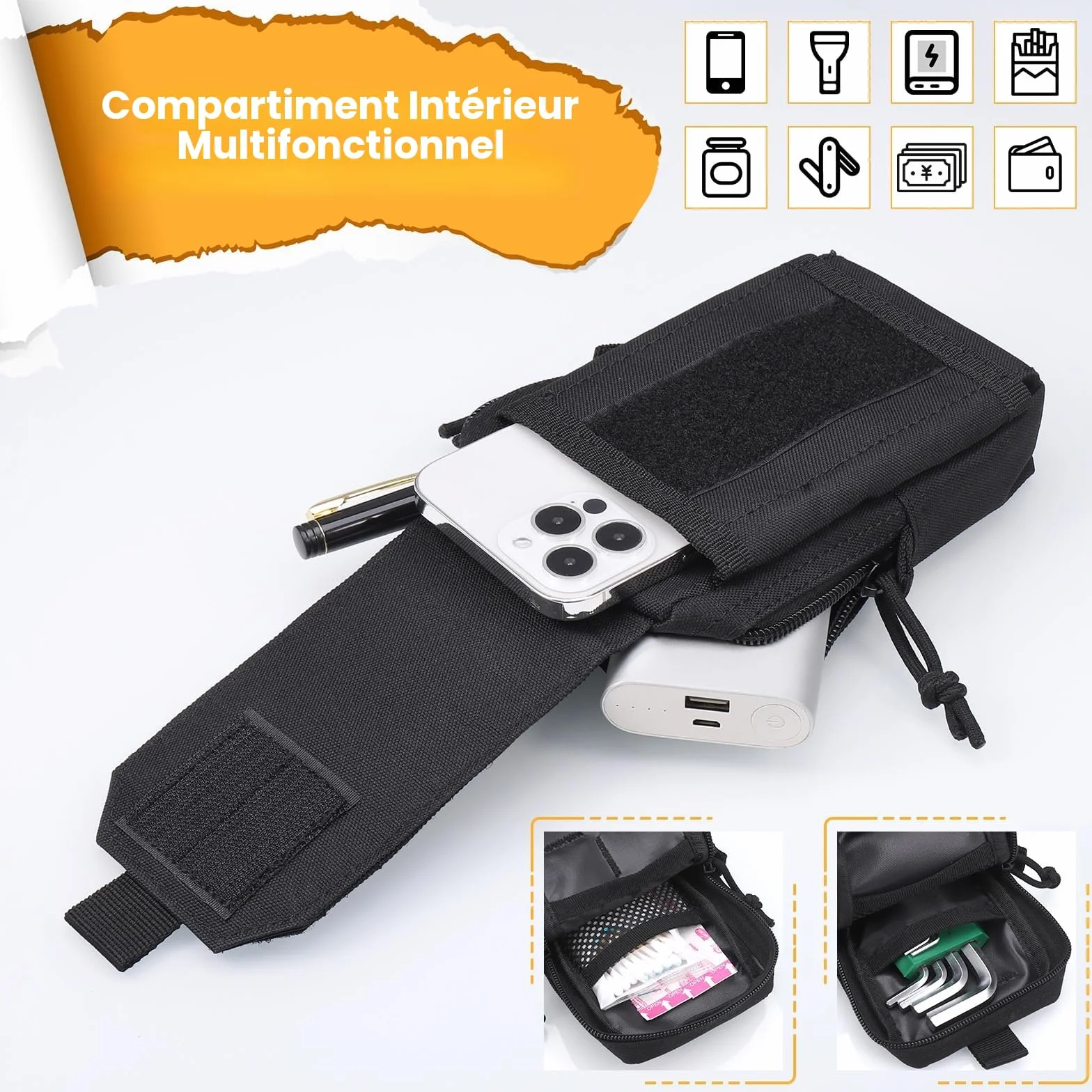 Sacoche Tactique Ceinture Homme Pochette EDC Multifonctionnel Noir pour Sport Randonnée Camping