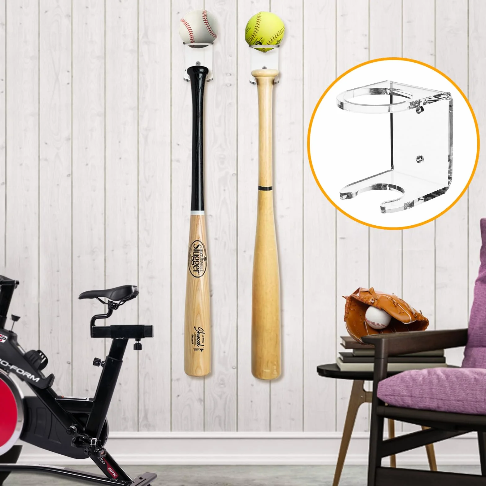 Lot de 2 supports muraux en acrylique pour rangement de batte de baseball - Organisateur d'équipements sportifs