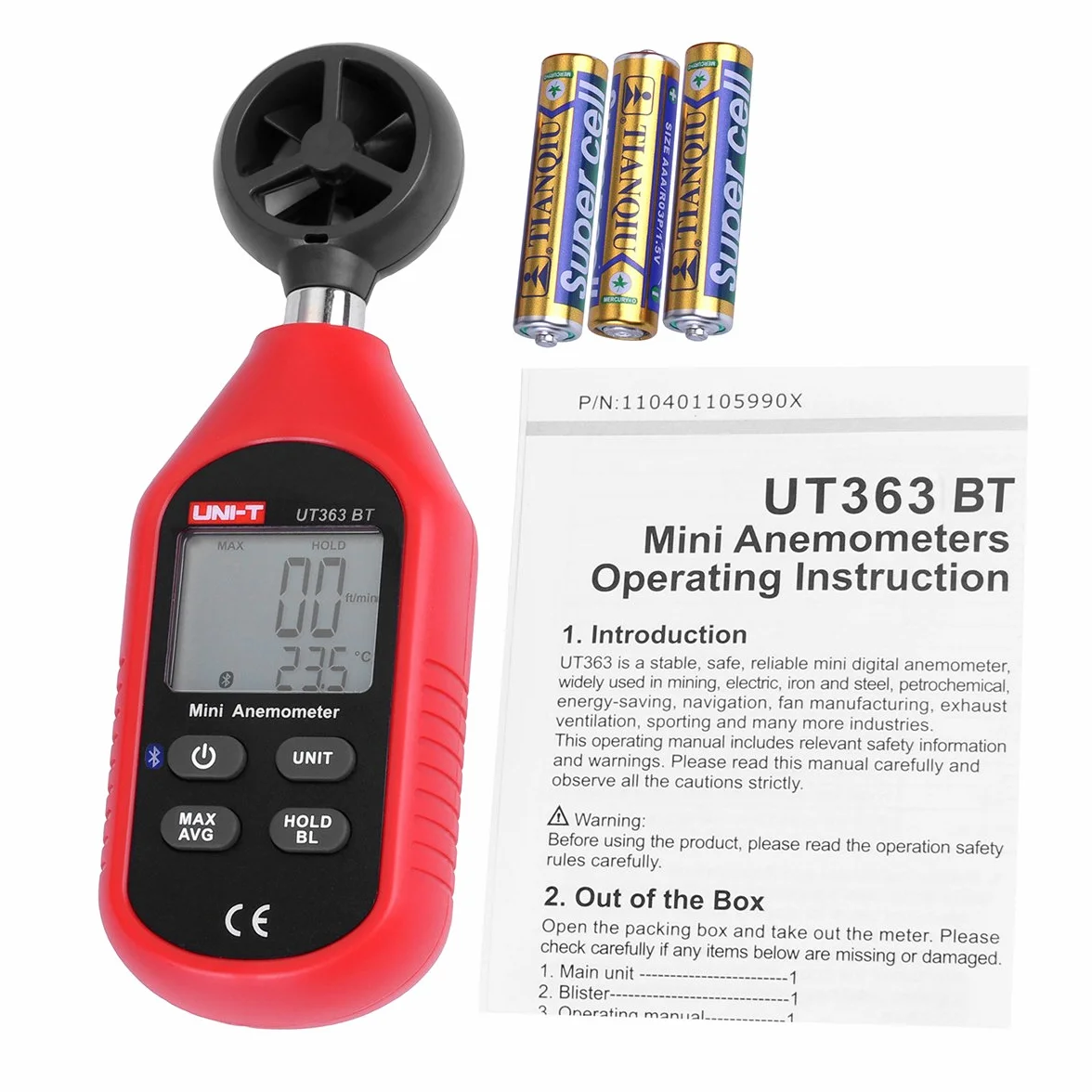 Uni-T Anémomètre Bluetooth Portable Mini Numérique avec Thermomètre Max/Min Écran LCD Rétroéclairé