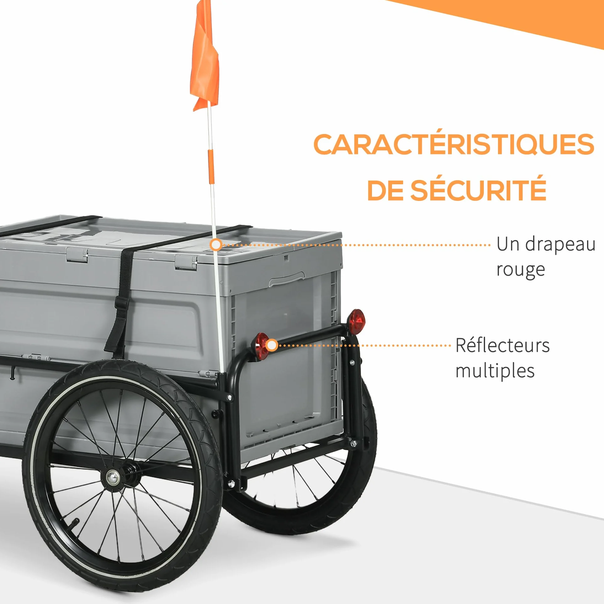 HOMCOM Remorque Chariot à vélo 65L Pliable Amovible Coffre de Rangement 40KG Gris