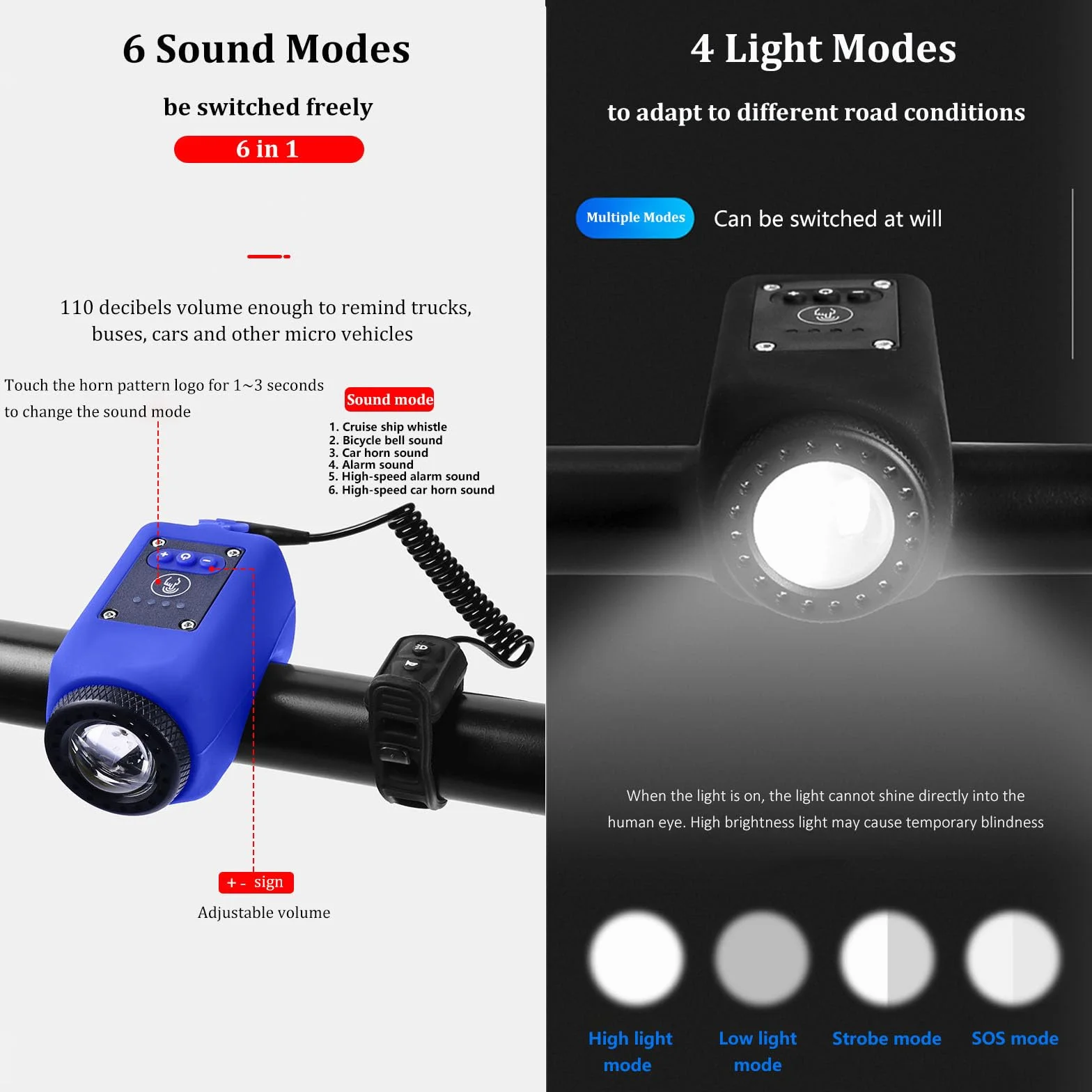 Klaxon de Vélo Électronique avec Lumière, Mini Sonnette 6 Sons, Phare Rechargeable USB-C, Volume Réglable, 4 Modes d'Éclairage, Résistant à l'Eau