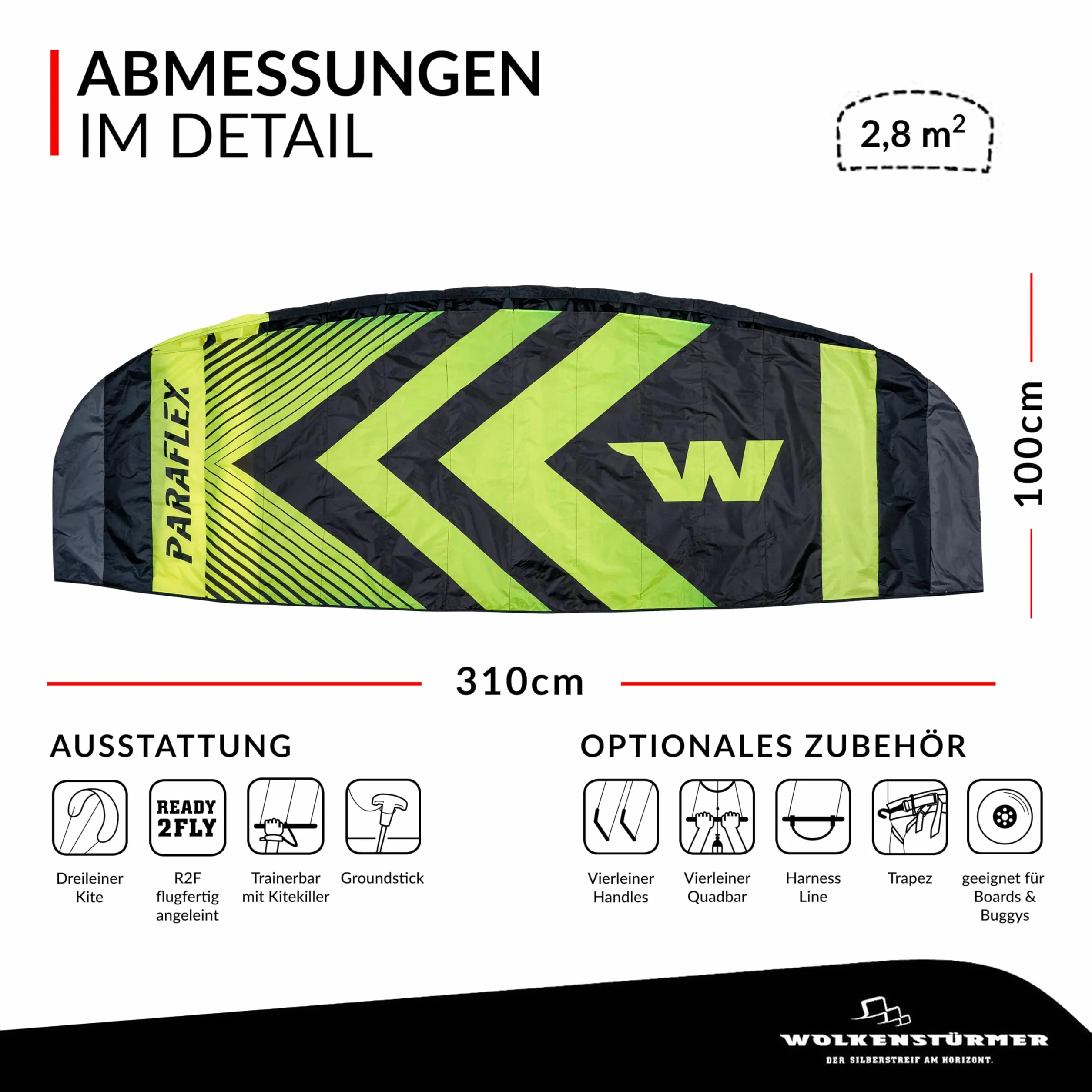 Wolkenstürmer Paraflex Trainer 3.1 Jaune Fluo Aile de Kitesurf 3 Lignes Cerf-Volant
