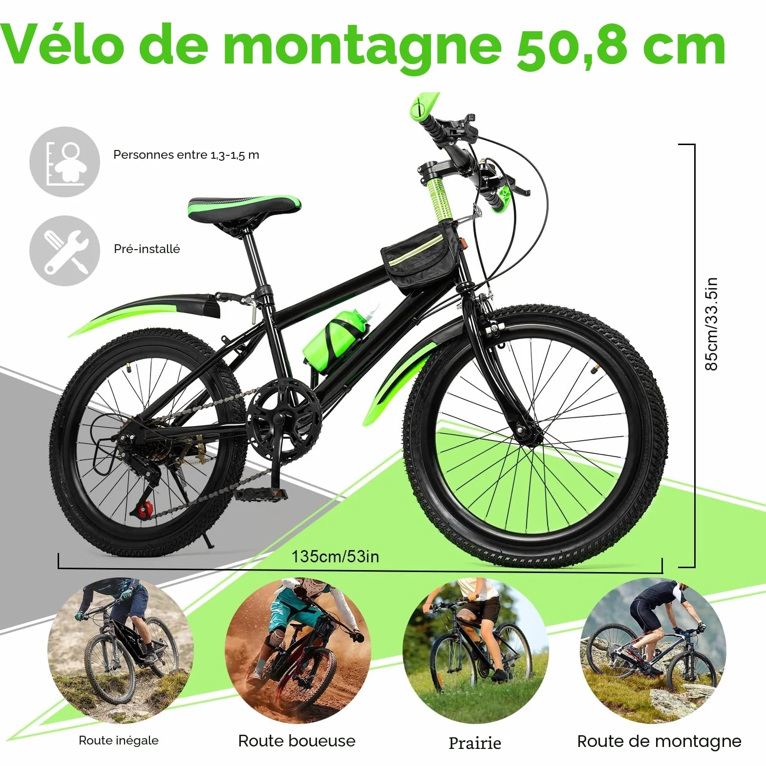 VTT 20 pouces acier carbone freinage vélo montagne support gobelet garde-boue homme femme 85 kg