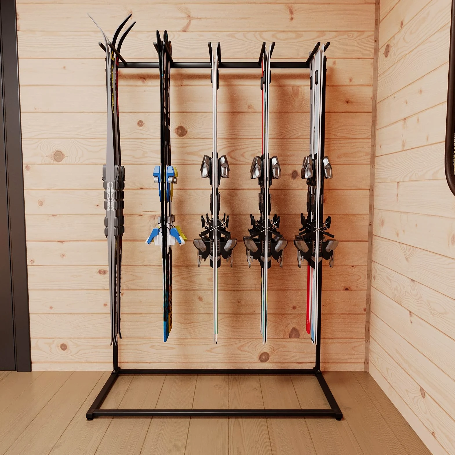 QLS Support à Skis sur Pied pour 10 Paires 175 cm Noir | Structure thermolaquée avec bras caoutchoutés, 117 × 50 × 175 cm, garage ou local à skis