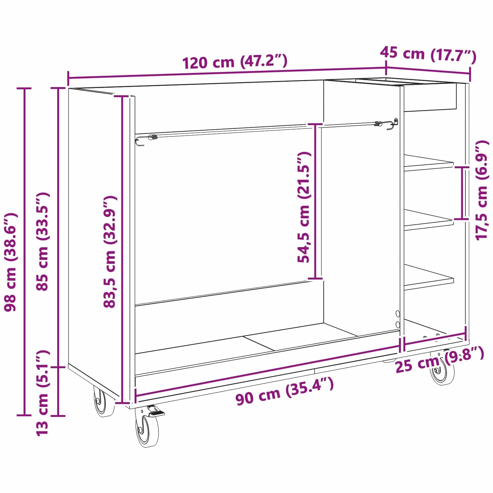 Armoire de Golf avec Roue VidaXL Bois Ancien 120 x 45 x 98 cm Rangement spacieux