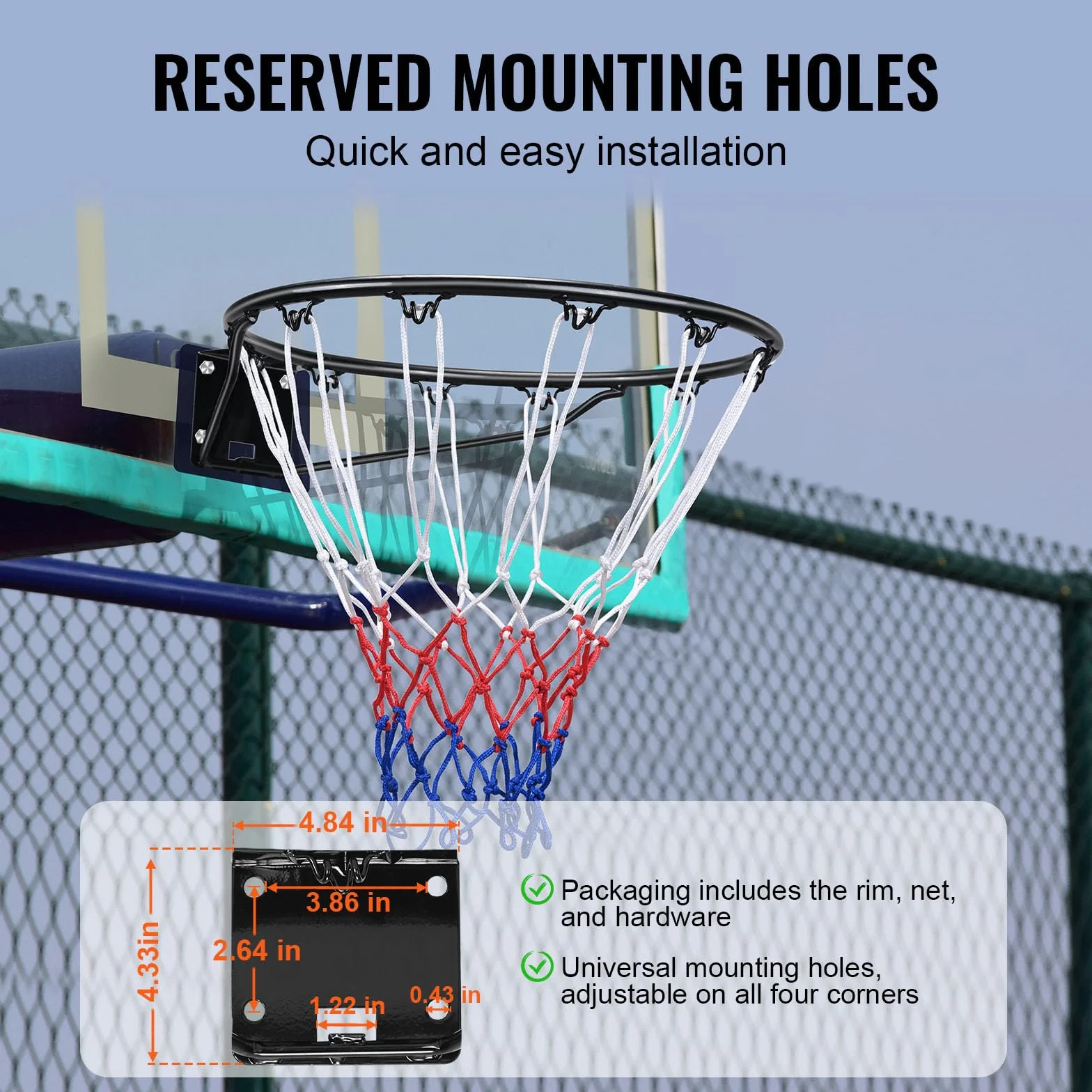 VEVOR Panier de Basket Diamètre 485 mm Cerceau Acier Carbone Filet But Mural Remplacement Entraînement Extérieur Intérieur
