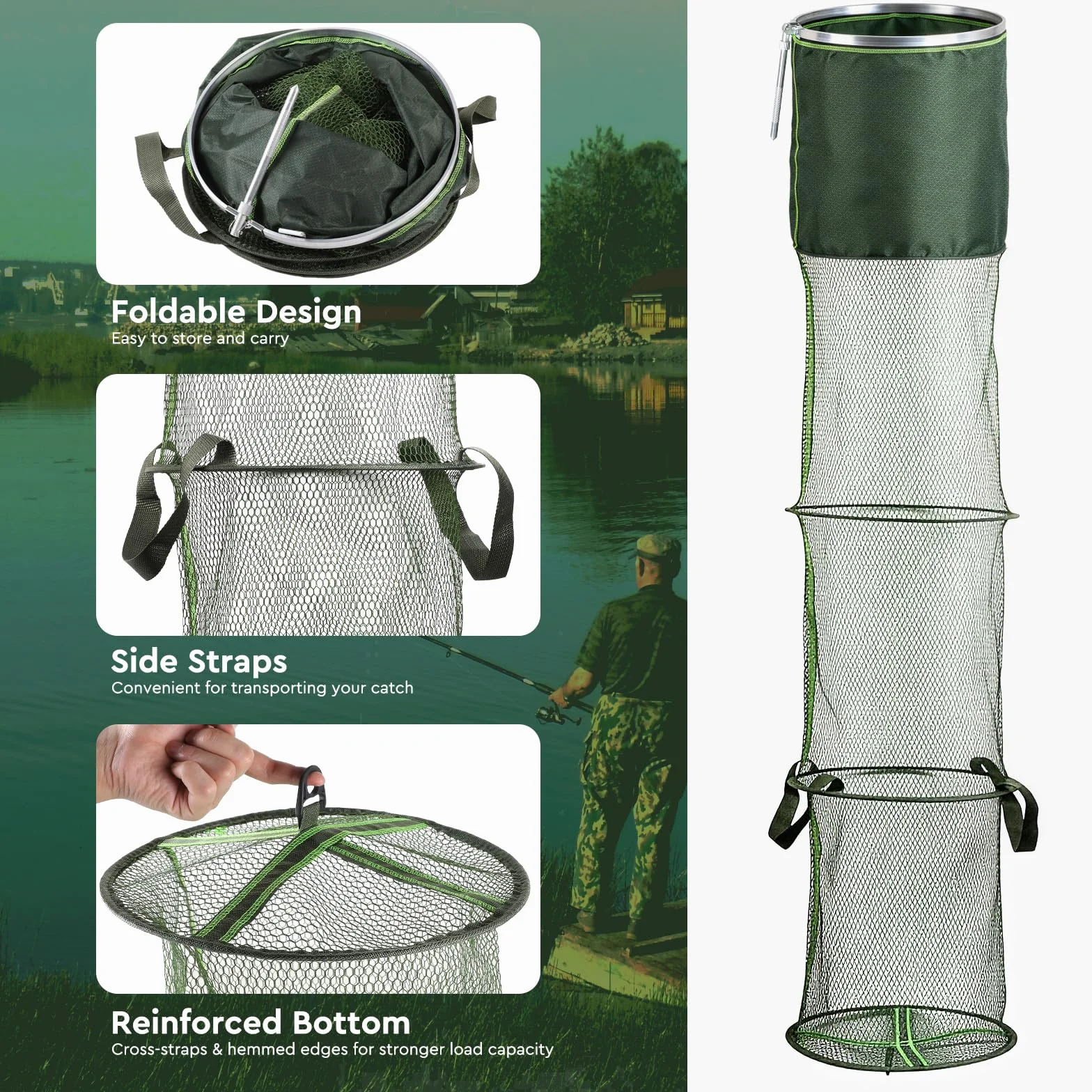 SWAWIS Filet de Maille des Poissons Pliable 170x33x33cm/200x33x33cm, Nylon et Alliages d'Aluminium, Panier à Poissons pour Conservation Temporaire du Poisson Crevettes Crabes Pendant la Pêche