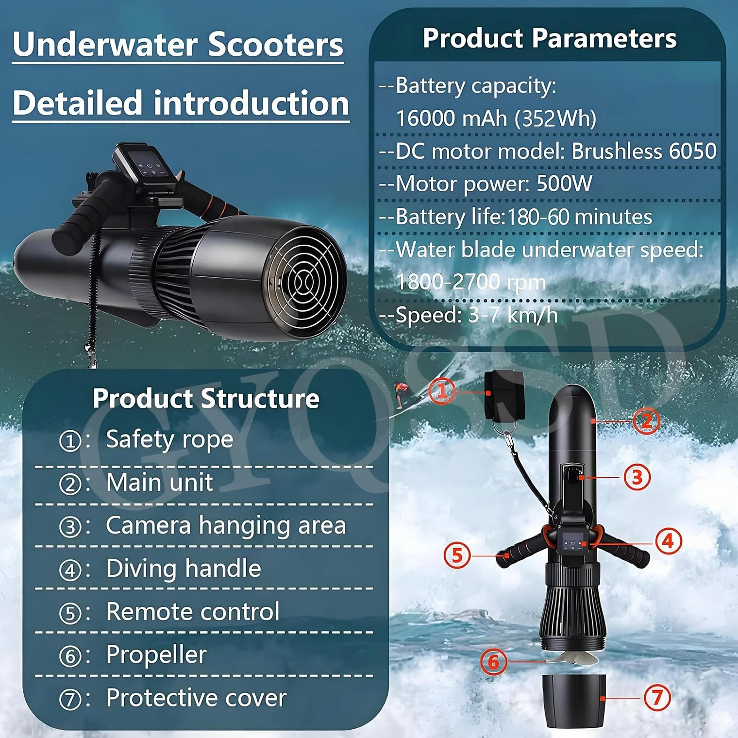 Scooter Sous-Marin électrique 500W 16000mAh 10 km/h Autonomie 50 min Propulseur Nage