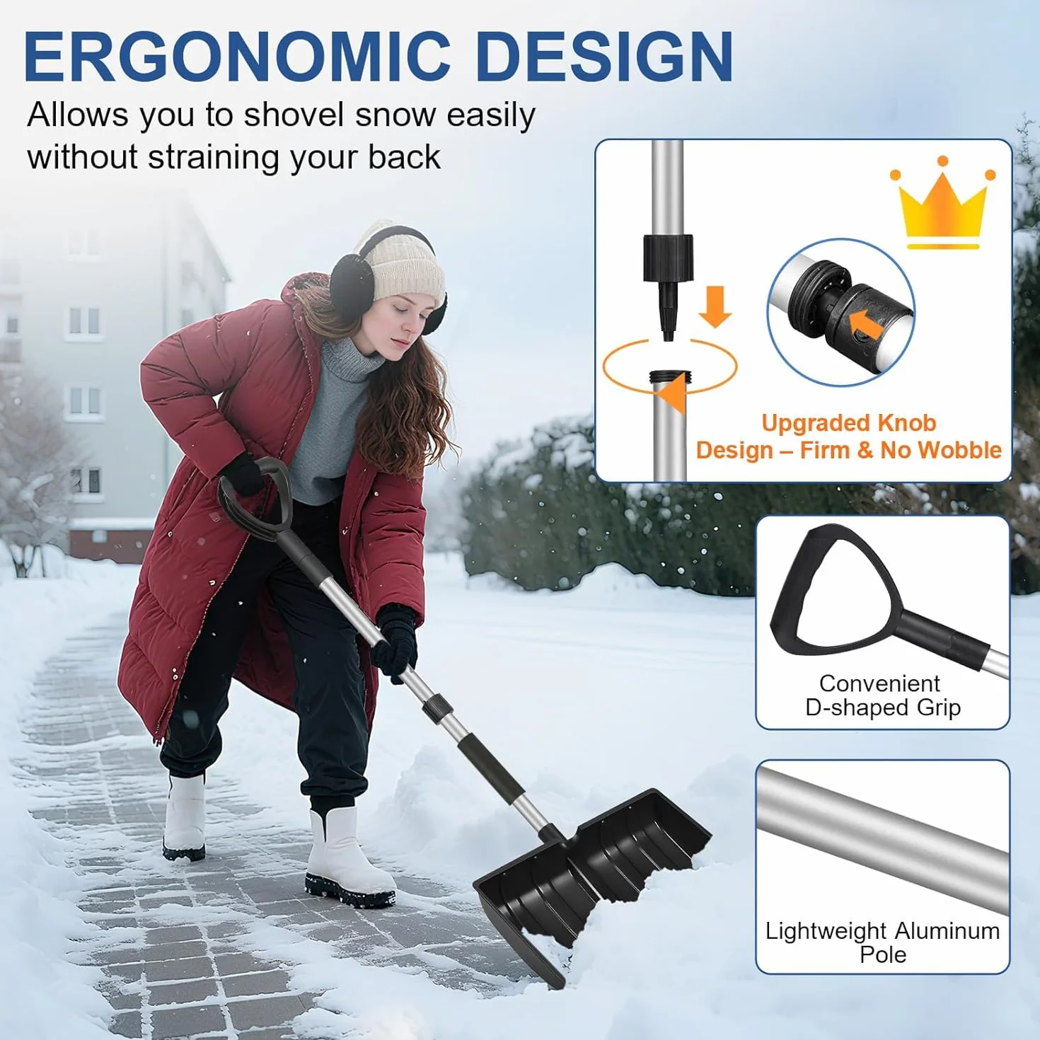 Grande pelle à neige amovible avec poignée en D, grand espace de rangement, convient pour un véhicule de jardin pour le camping en plein air - Noir