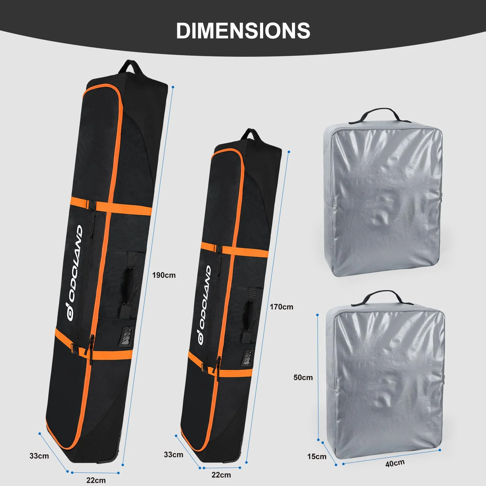 Odoland Housse à Skis Roulant 170/190 cm Sac à roulettes pour Snowboard Tissu Oxford 900D Imperméable