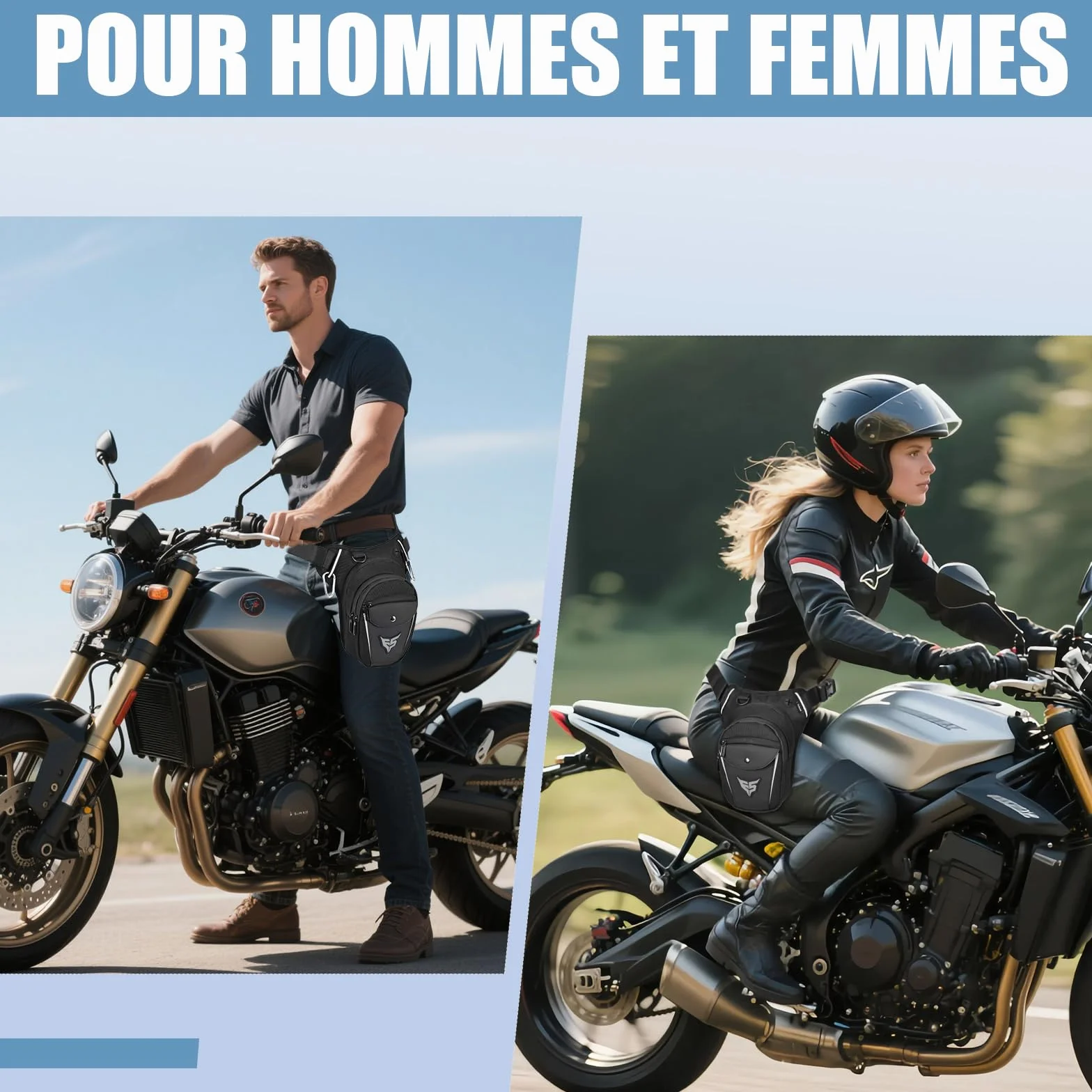 Eshow Sacoche de Jambe Moto Capacité Extensible, Sac Banane Femme Homme avec Bande Réfléchissante, 1 Clip à Gourde, 2 Mousquetons pour Randonnée Pêche