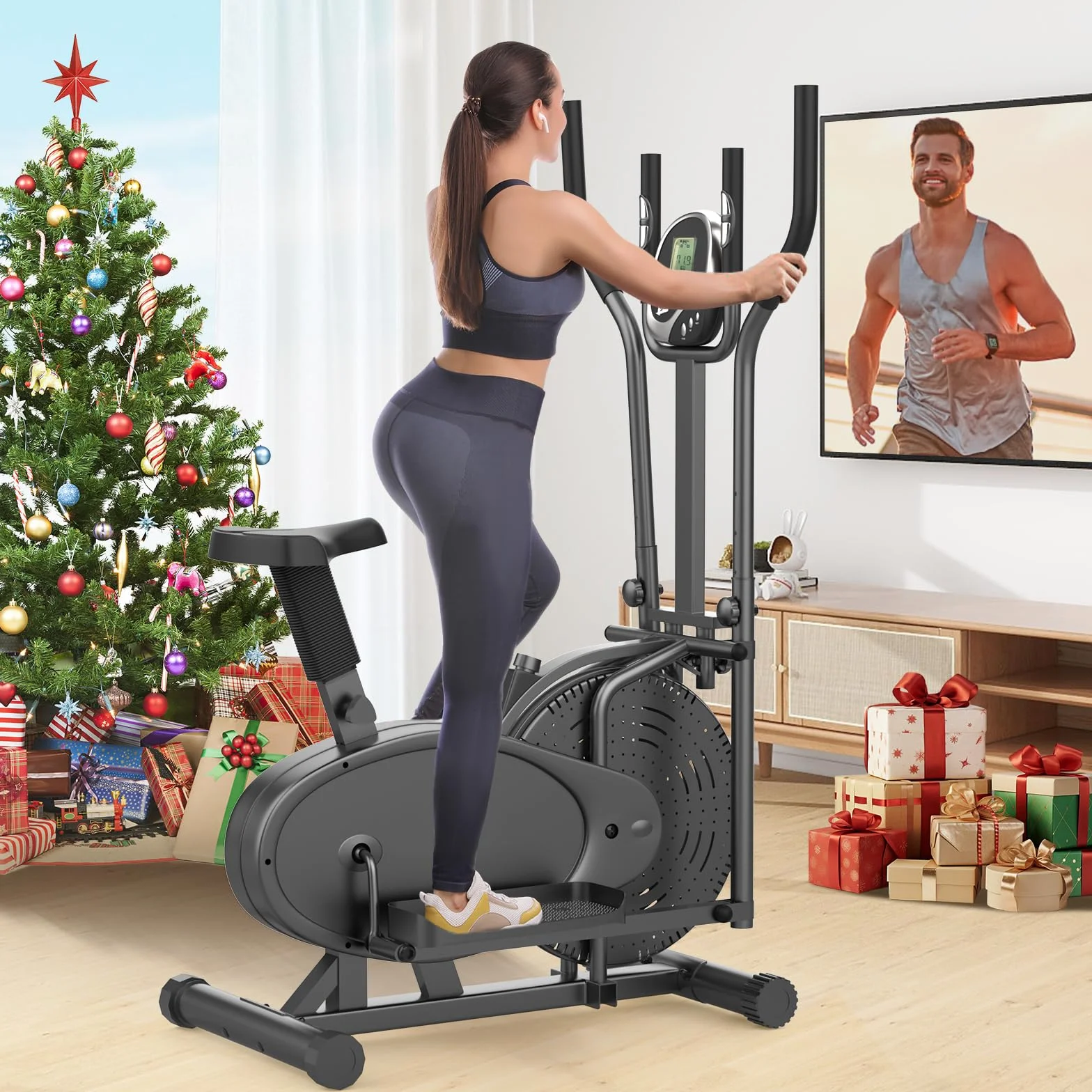 Crosstrainer Vélo Elliptique 2 en 1 avec Siège, Moniteur LCD, Résistance Réglable