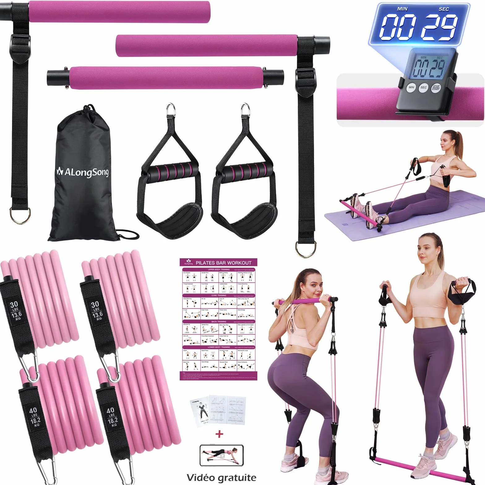 ALongSong Kit Barre de Pilates avec 4 Bandes de Résistance Élastique 20-140Lbs pour Homme Femme Musculation Yoga