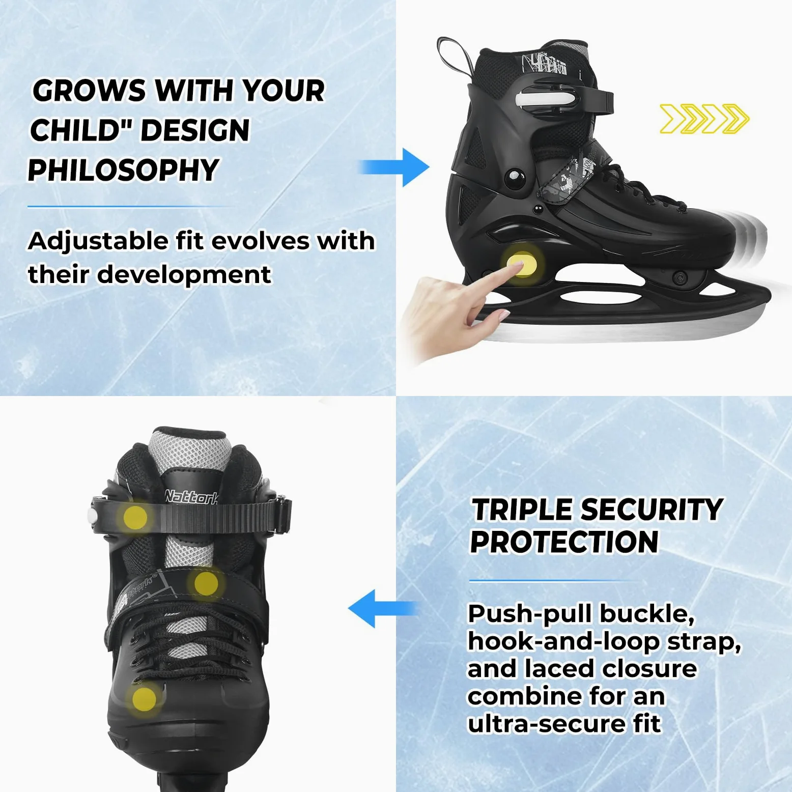 Nattork Patins à glace 4 tailles réglables pour enfants garçons filles, patins à glace amusants pour débutants, pour l'extérieur, protection dure douce et confortable pour les enfants, les adolescents