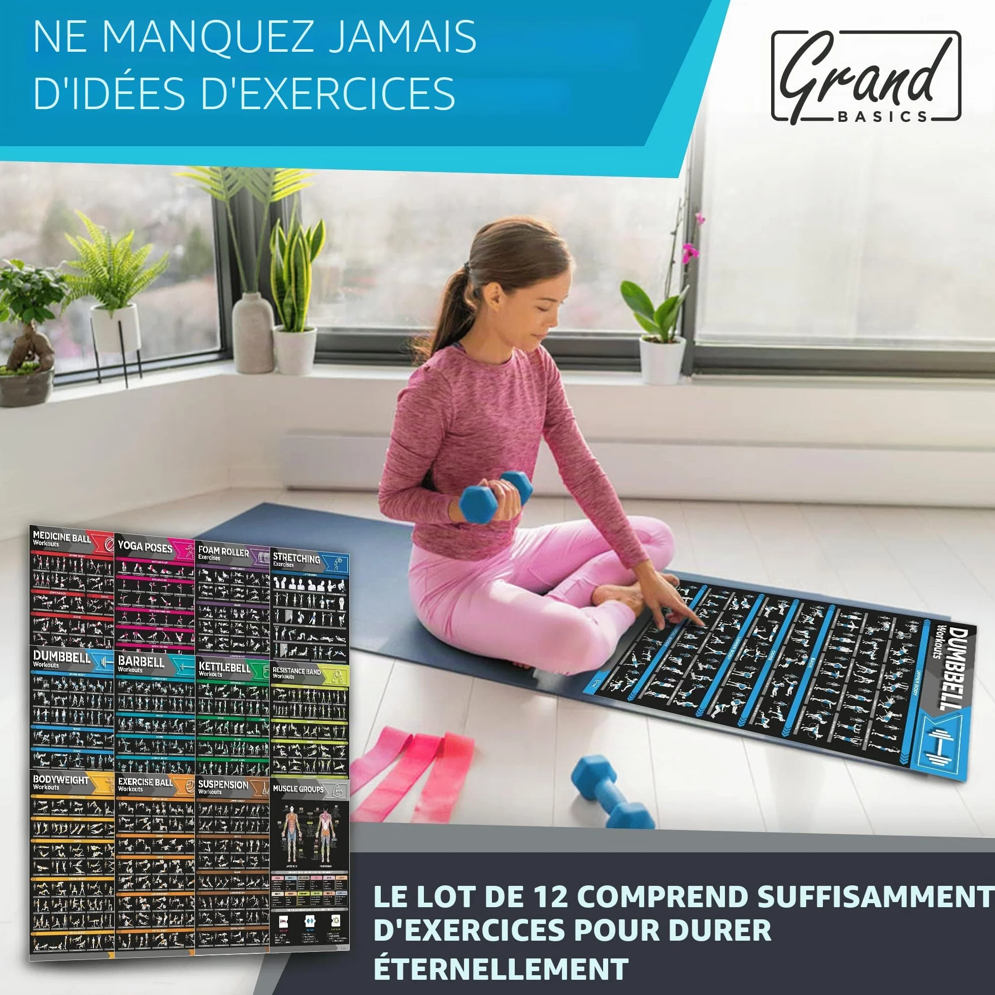 GRAND BASICS Lot de 12 grandes affiches d'entraînement laminées pour salle de sport à domicile avec haltères