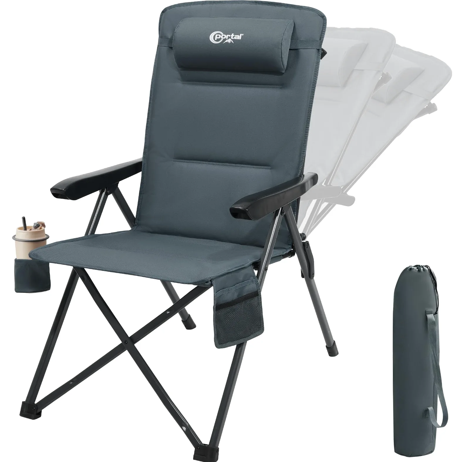 Portal Chaise Pliante Camping – Fauteuil de Jardin Portable Inclinable 160kg, Dossier Haut Réglable 3 Positions – Transat Confortable pour Plage, Terrasse, Balcon, Extérieur