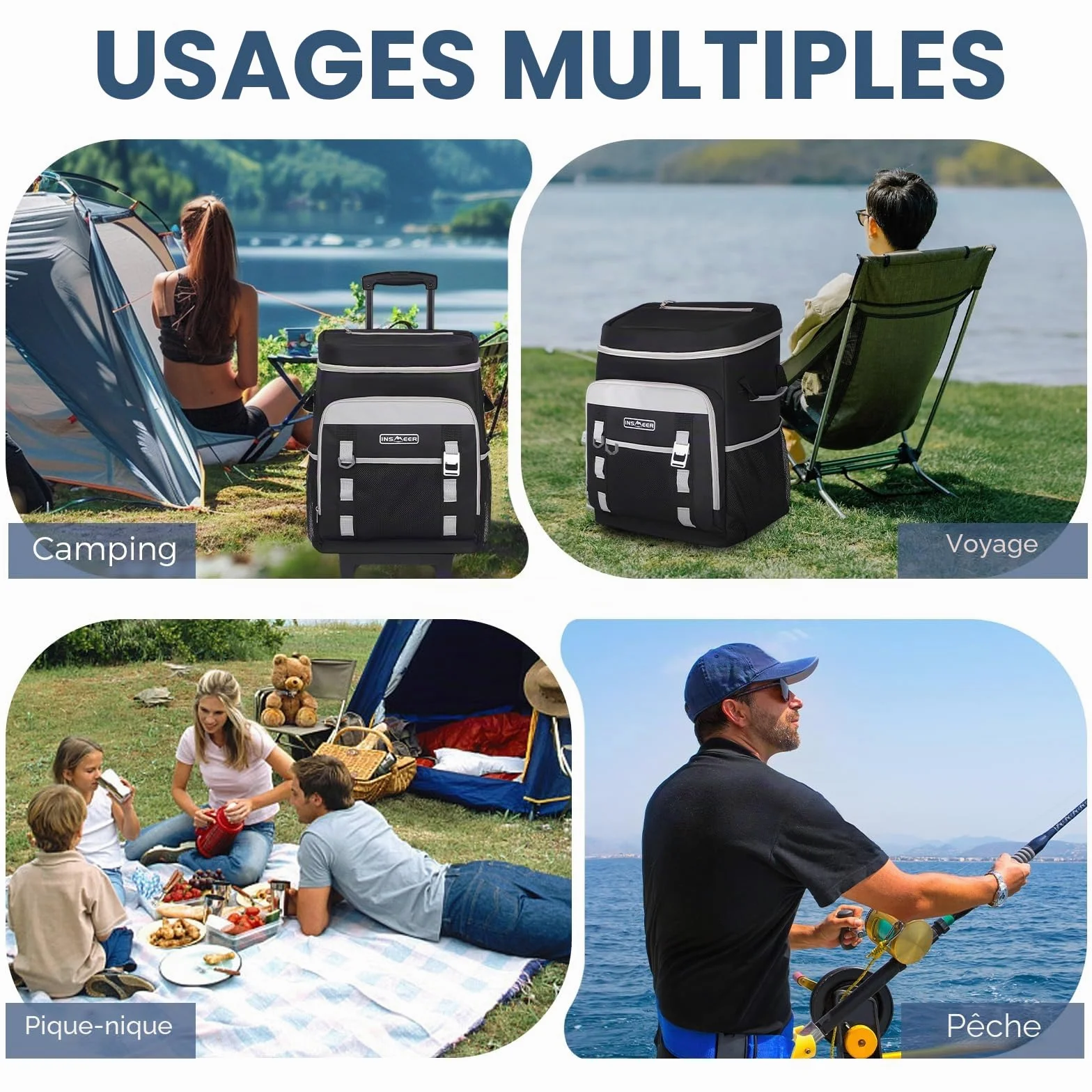 Sac isotherme à roulettes 50 L/80 canettes - Grand sac isotherme pliable et imperméable - Pour la plage, le camping, le pique-nique, le shopping
