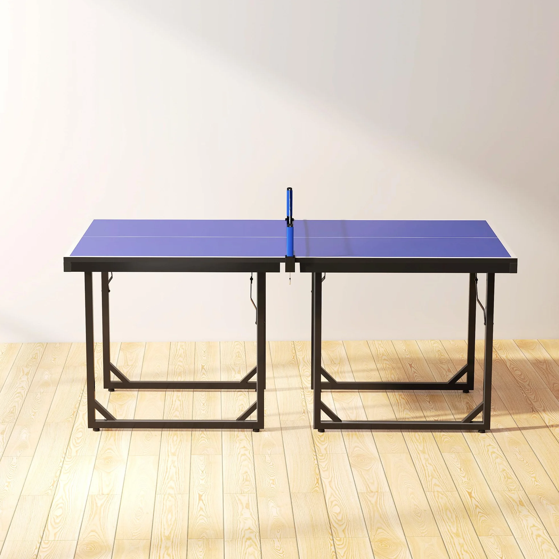 HOMCOM Table de ping-pong pliable 182 x 91 cm, facile à transporter, résistante aux intempéries, stable, table de tennis avec maille et cadre en acier, pour intérieur et extérieur, bleu