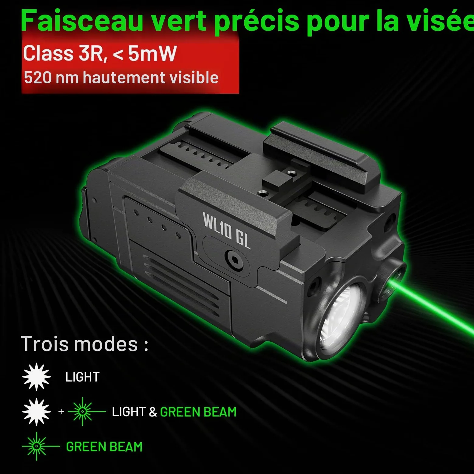AIMWIN WL10 GL Lampe LED Tactique 900 Lumens Indicateur Vert Recharge Magnétique Montage Rail Universel