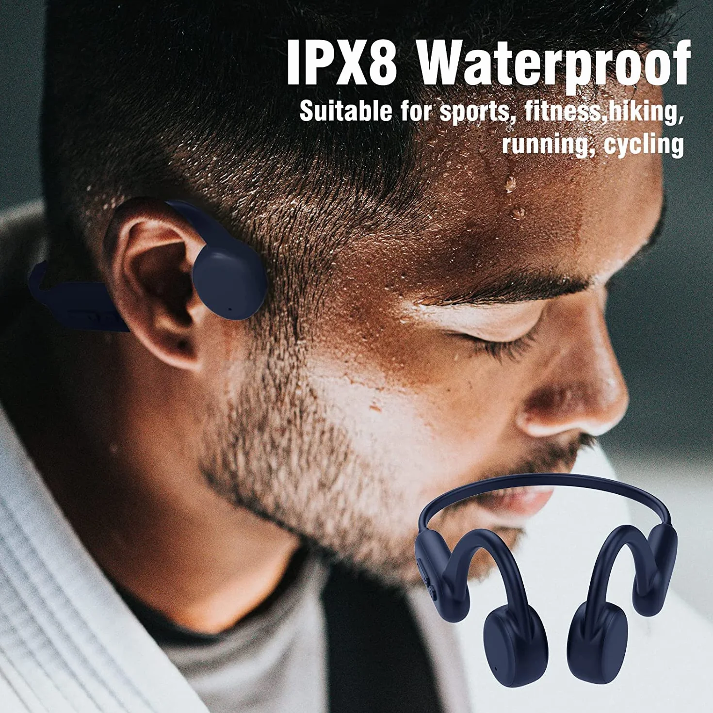Casque Conduction Osseuse Natation IPX8 Bluetooth 5.2 Mémoire 8G Lecteur MP3 Bleu