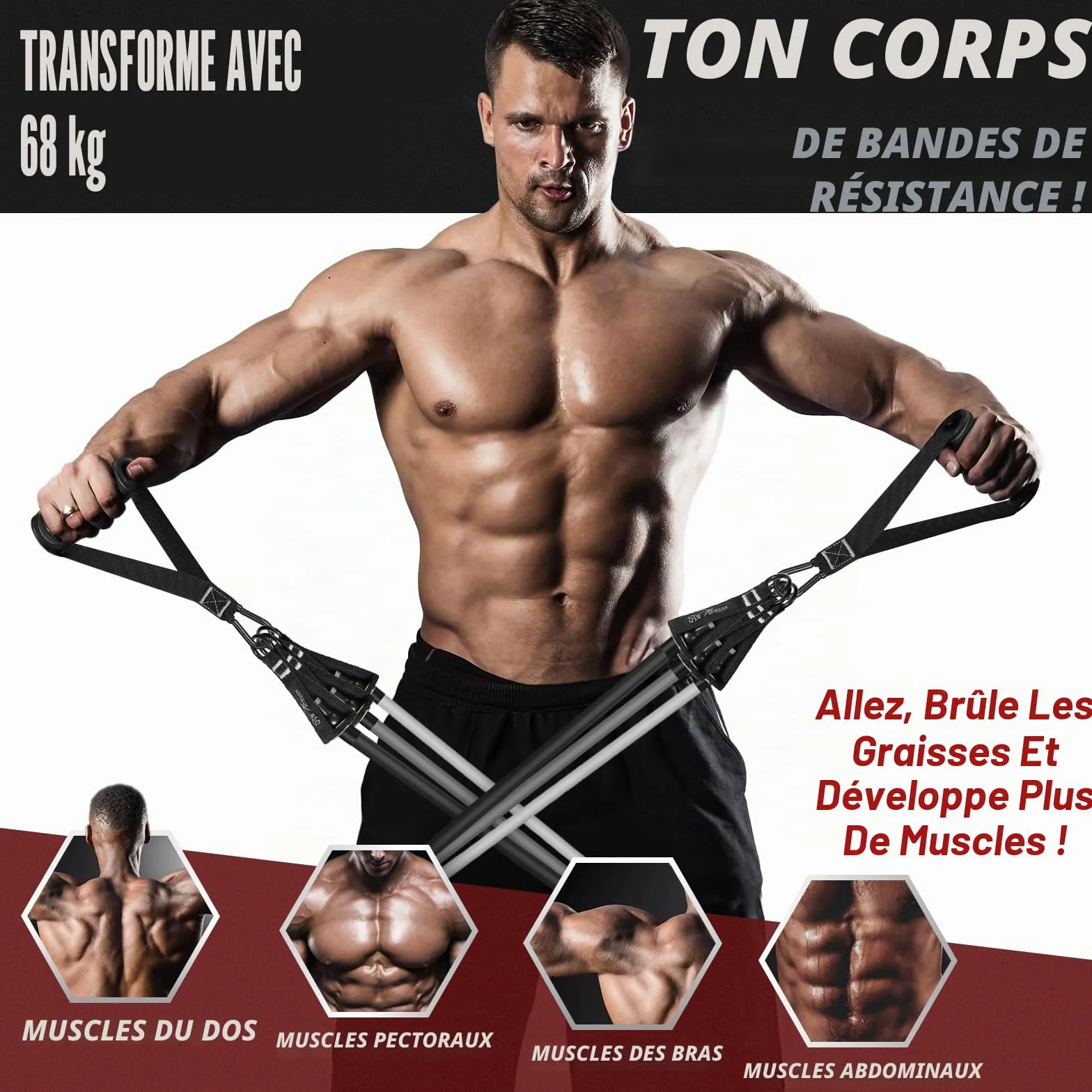 Bande Élastique Fitness Lot de 5 avec Poignées Sangles de Cheville et Ancre de Porte - Kit Complet Musculation Pilates Yoga