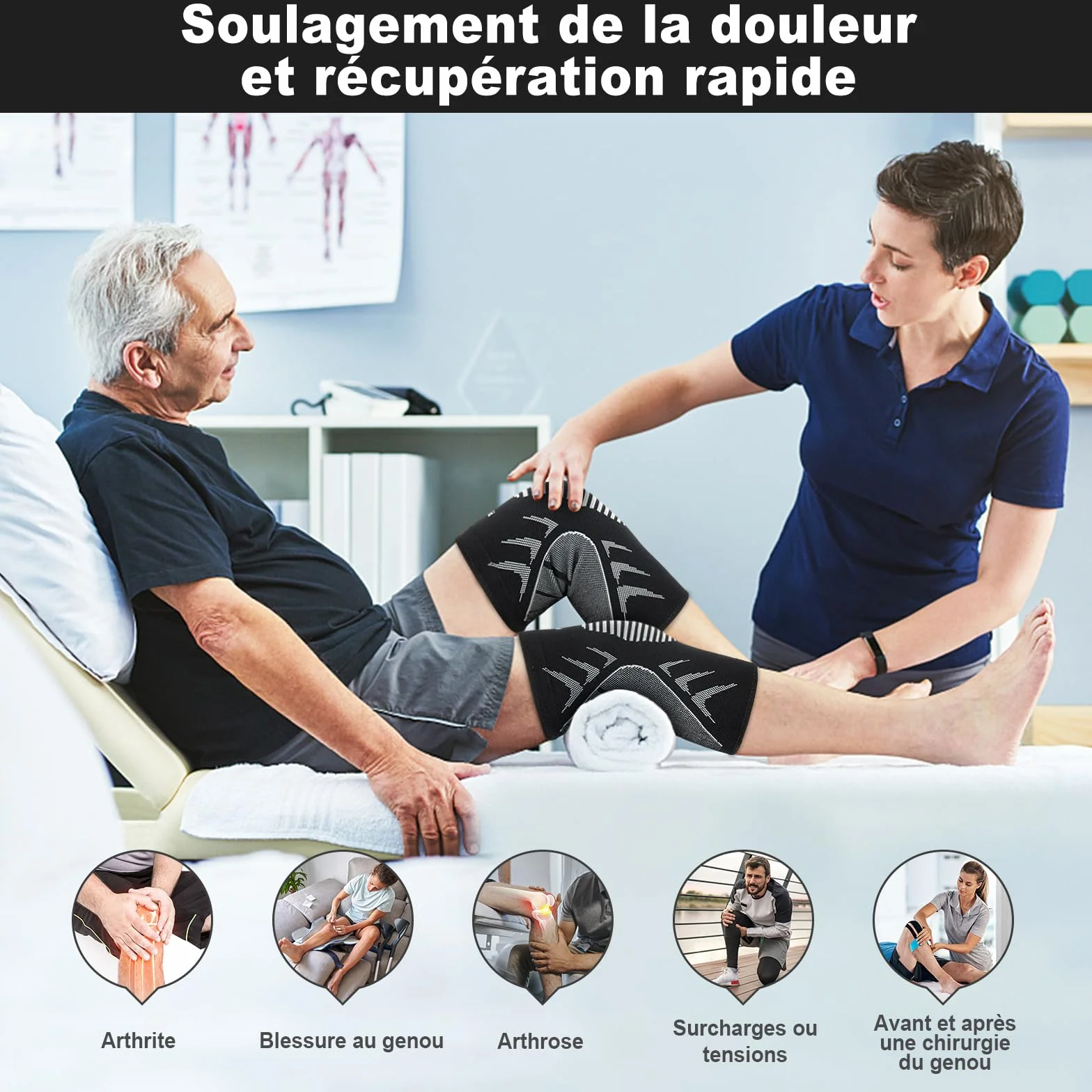 Genouillère Élastique Respirant Compression Sports Rotulienne Ligamentaire Arthrose Genou Volley-Ball Course L 42-47CM