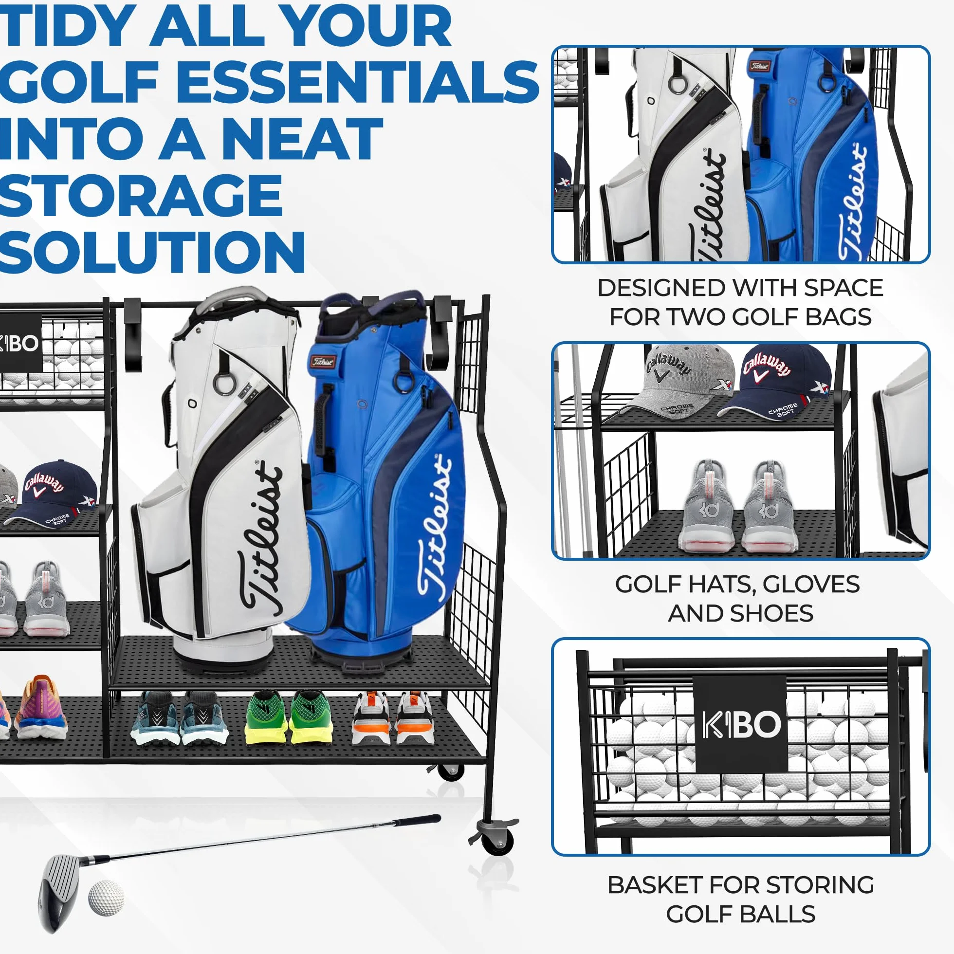 KIBO Organiseur de golf – Support de rangement noir avec roulettes, présentoir de garage pour accessoires de golf