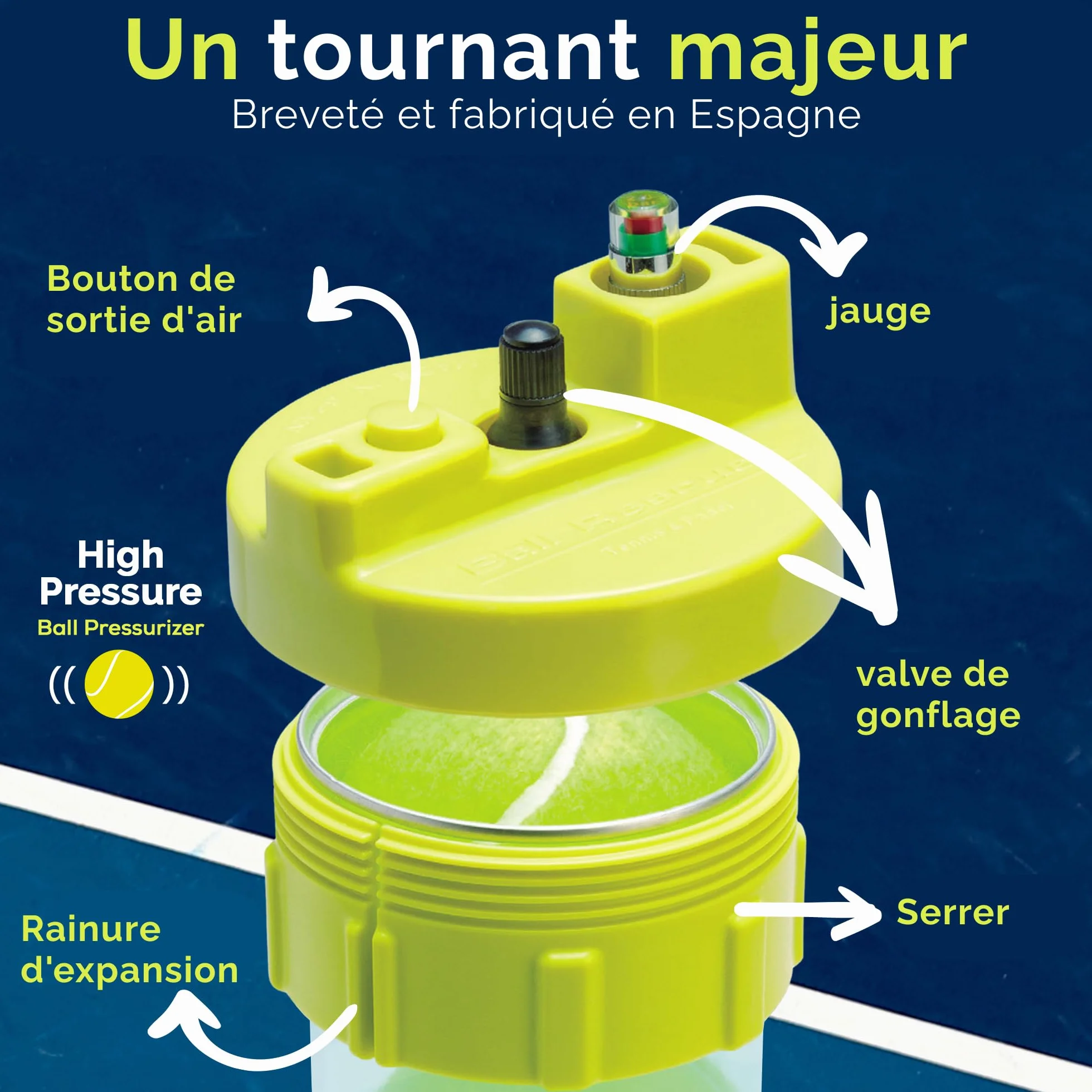 BALL RESCUER Pressuriseur 30 psi Adaptable aux Contenants 3 ou 4 Balles Padel Tennis